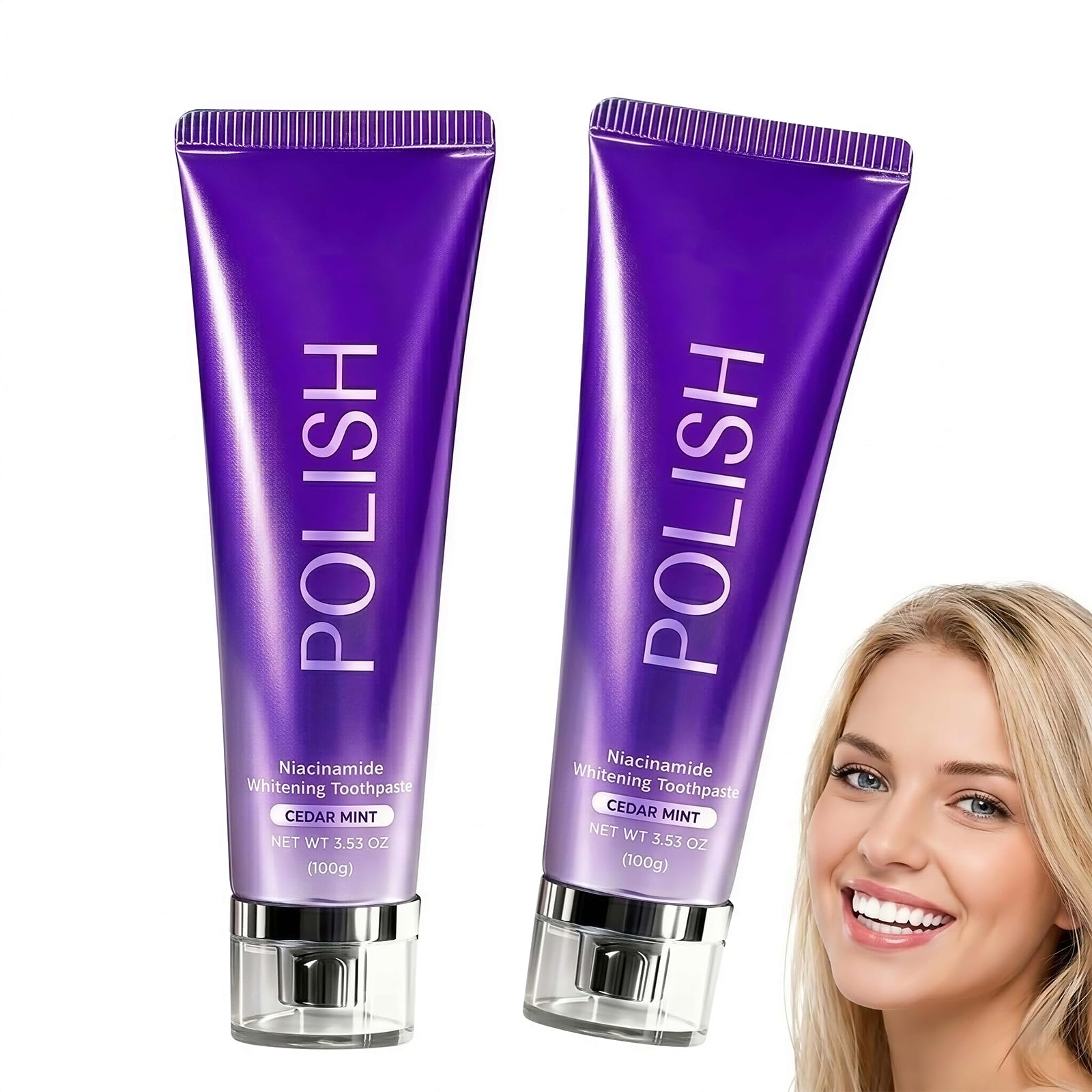 FIOVZ Whitening Toothpaste with Niacinamide in a 2-pack, featuring toothpaste tubes with white and blue packaging and FIOVZ branding.