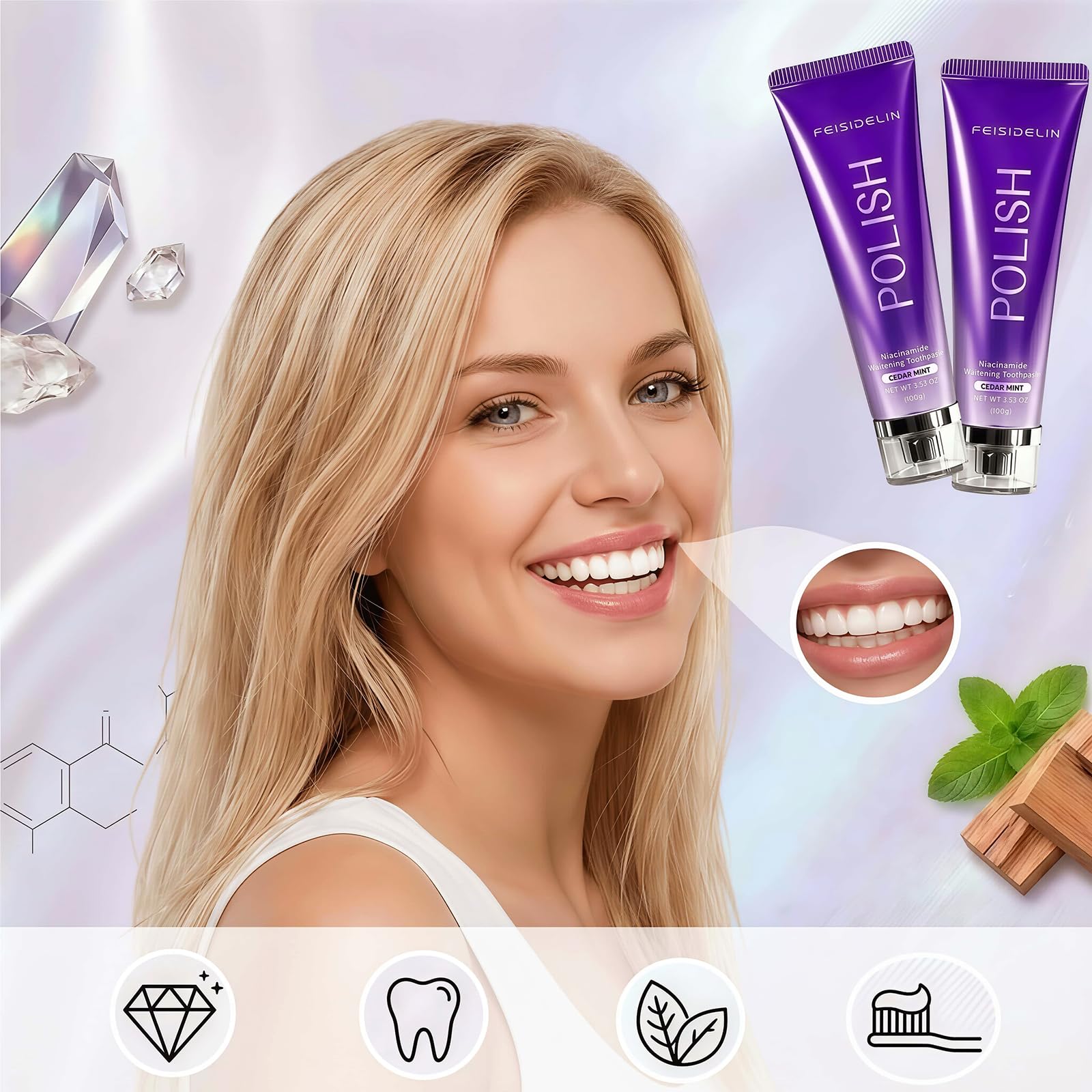 FIOVZ whitening toothpaste with niacinamide in a 2-pack, showing the toothpaste tubes with sleek packaging and bright white design.