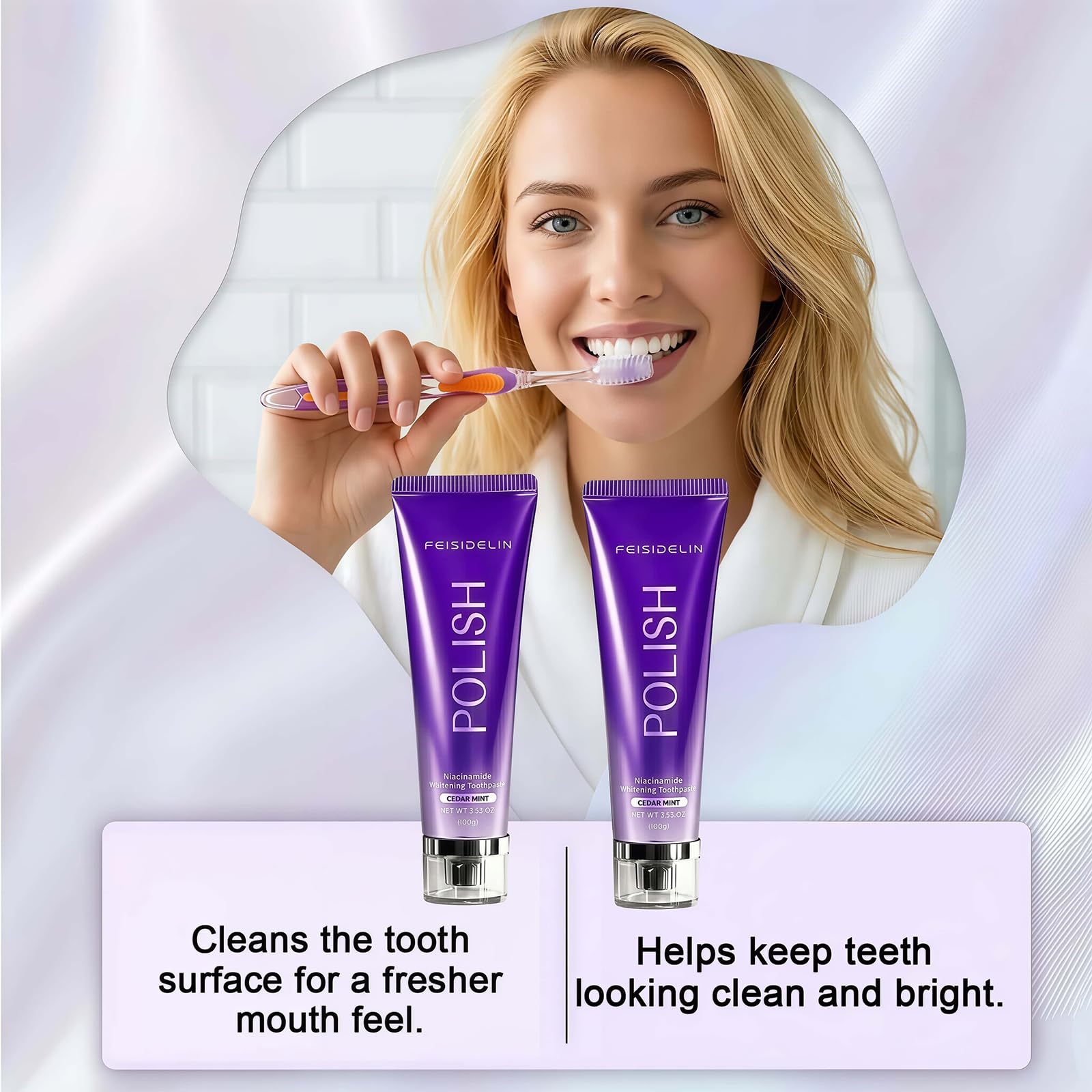 FIOVZ Whitening Toothpaste with Niacinamide, 2-pack, showing the toothpaste tubes with bright packaging and brand logo.