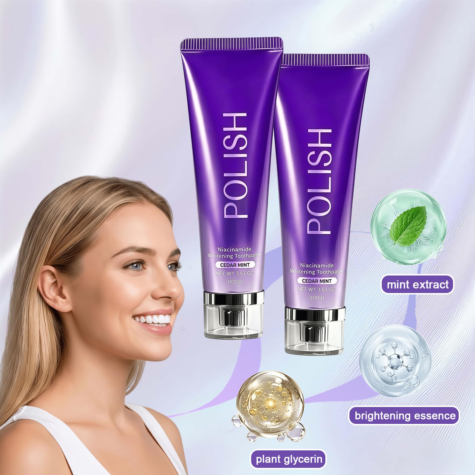 FIOVZ Whitening Toothpaste with Niacinamide in a 2-pack, showing the toothpaste tubes with bright packaging and mint flavor accents.