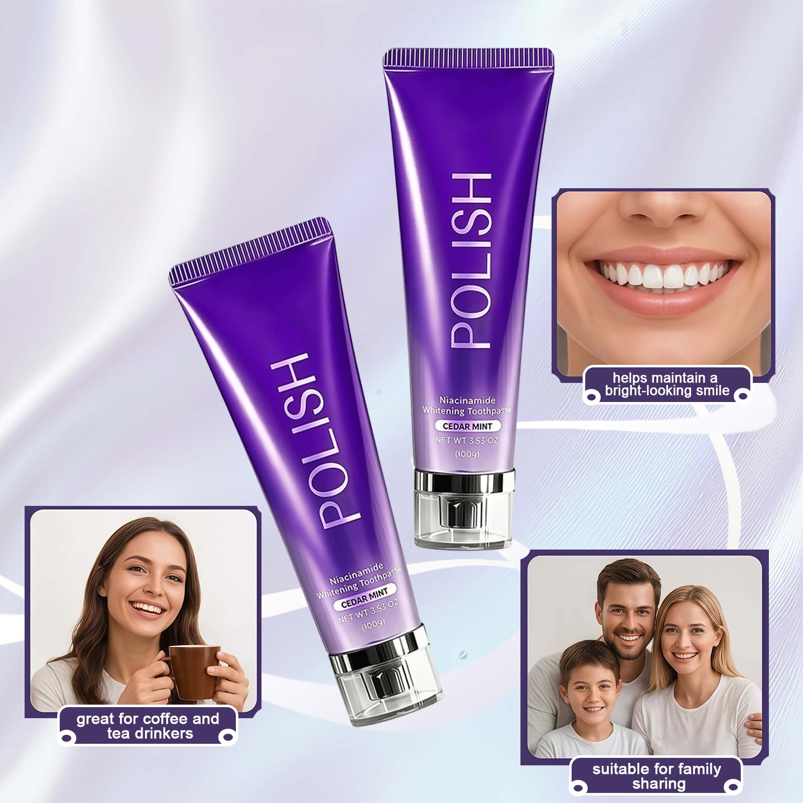 FIOVZ Whitening Toothpaste with Niacinamide, 2-pack showing tubes of toothpaste with bright packaging and fresh mint leaves