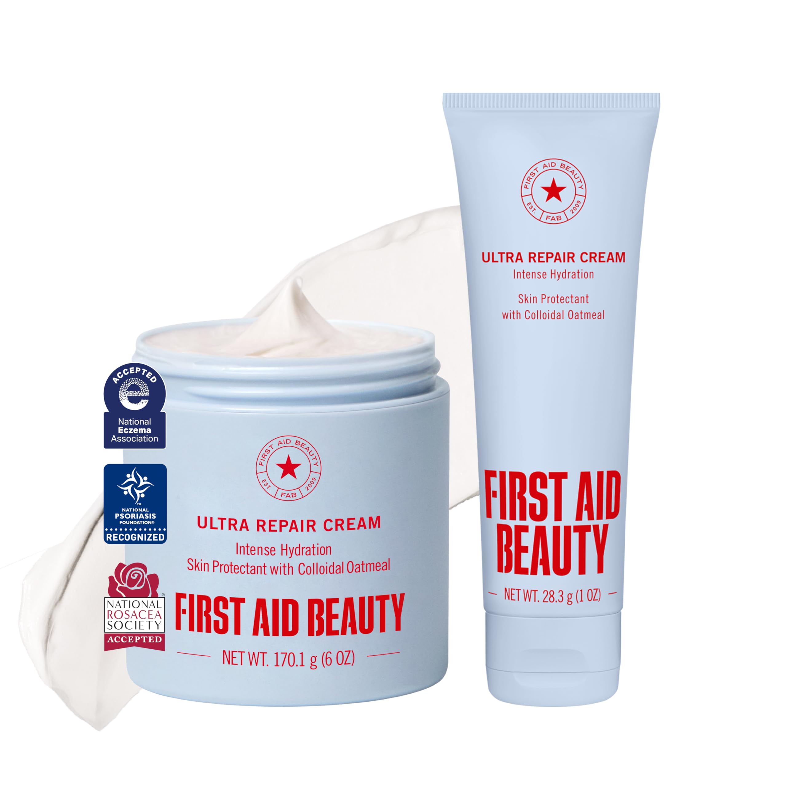 First Aid Beauty Ultra Repair Cream 7oz fragrance-free skin moisturizer jar with smooth, creamy texture for soothing dry skin.
