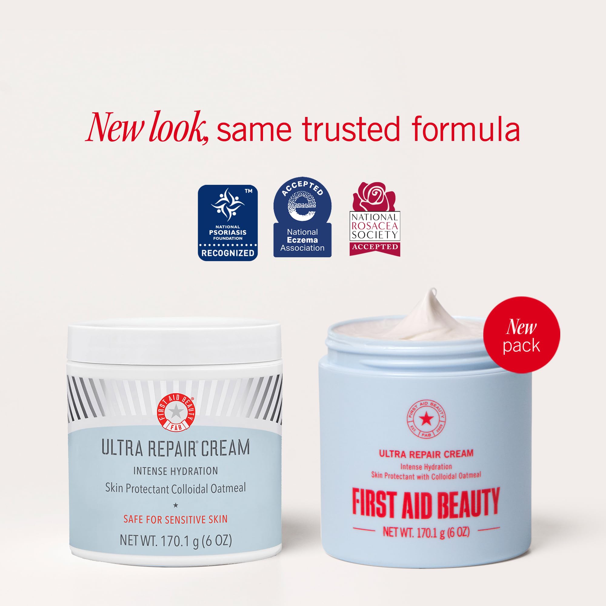 First Aid Beauty Ultra Repair Cream 7oz fragrance-free skin moisturizer jar showing smooth, thick cream inside.