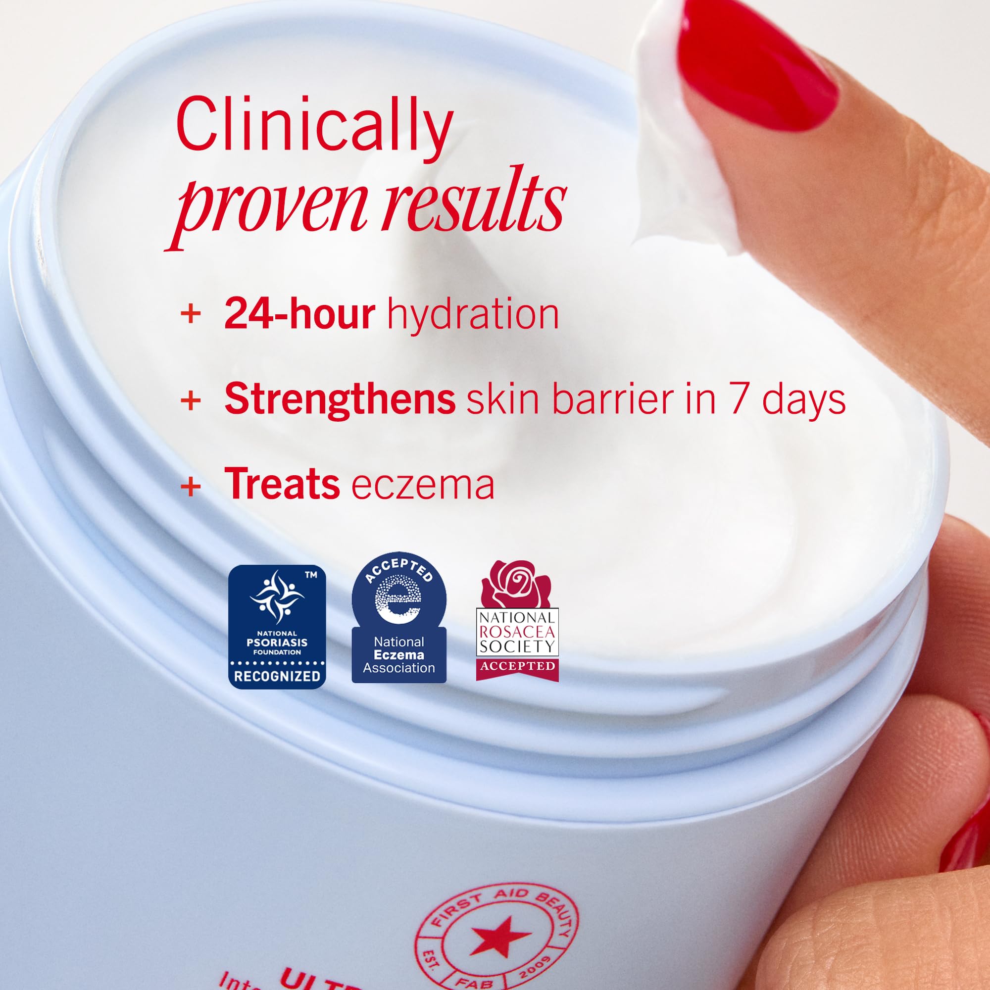 First Aid Beauty Ultra Repair Cream 7oz fragrance-free skin moisturizer jar showing the product label and packaging.