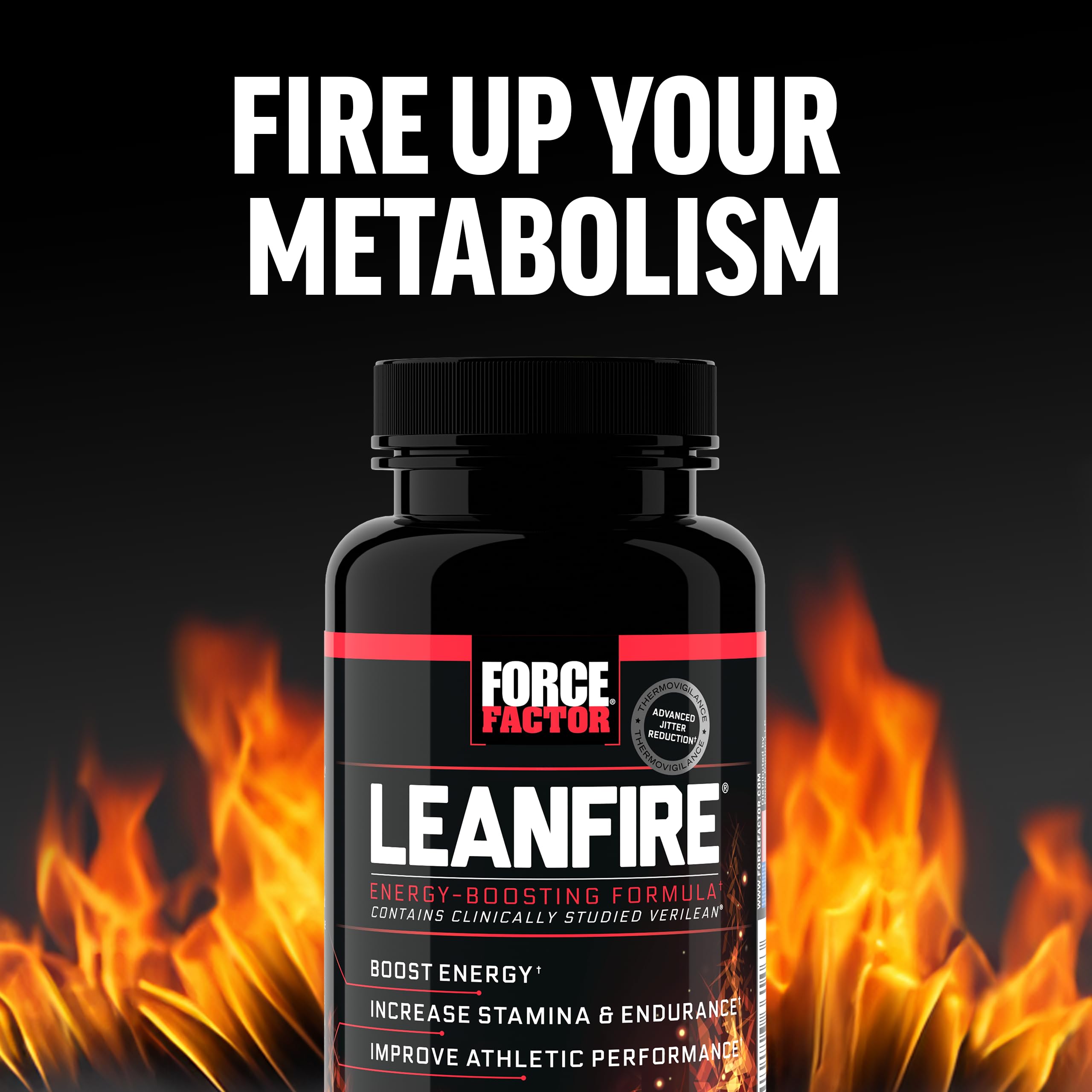 Force Factor LeanFire pre-workout energy pills in a bottle, dietary supplement for enhanced focus and stamina.
