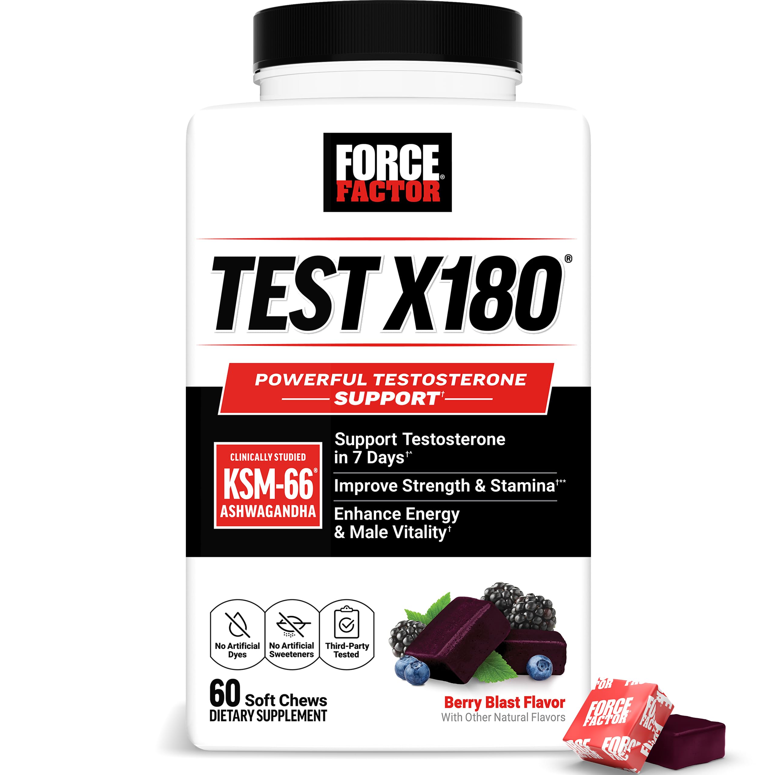 Bottle of Force Factor Test X180 testosterone support supplement for men with label showing product details.