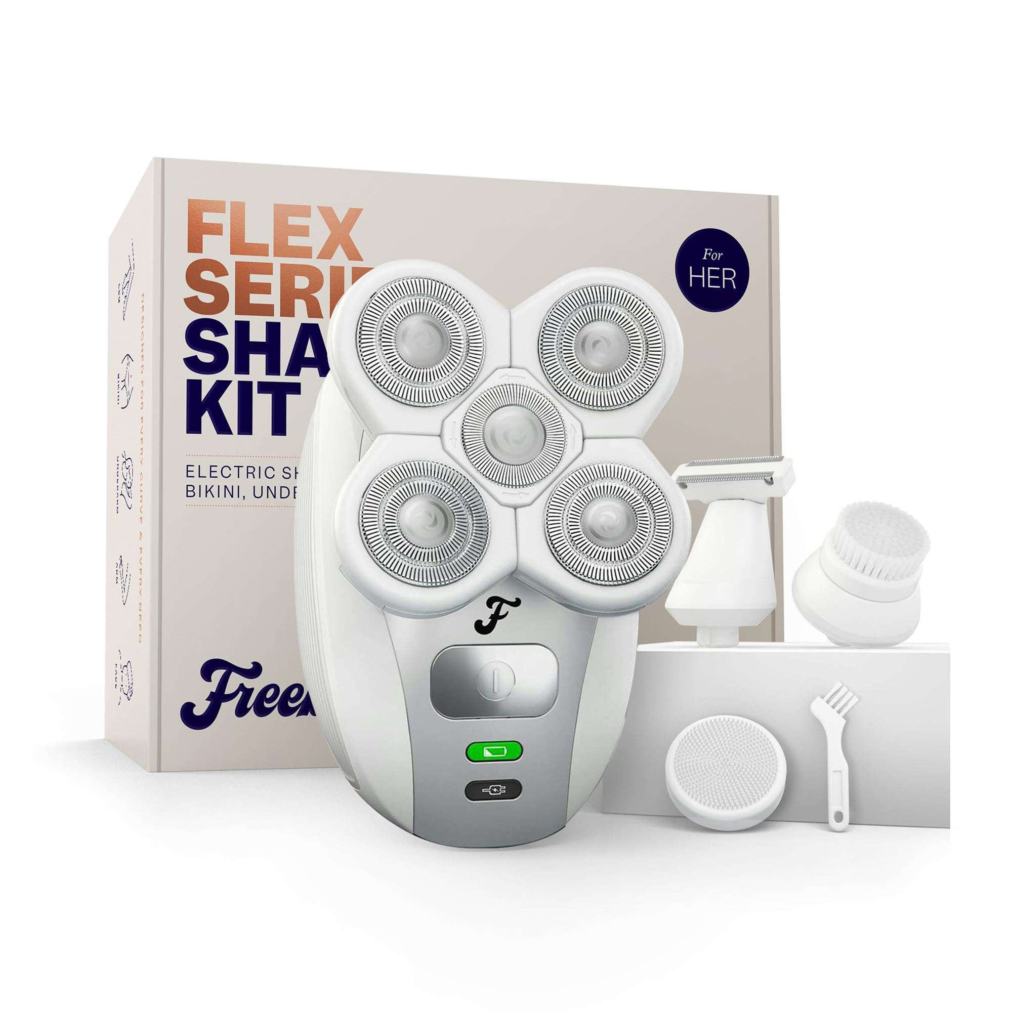 Freebird FlexSeries electric razor for women, cordless shaver with ergonomic handle and multiple trimming heads, in white and pink.