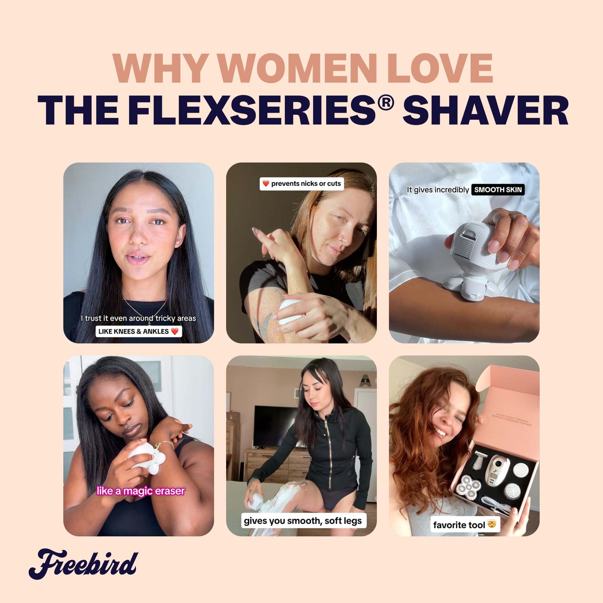 Freebird FlexSeries electric razor for women with a sleek handle and precision shaving head, designed for smooth skin.