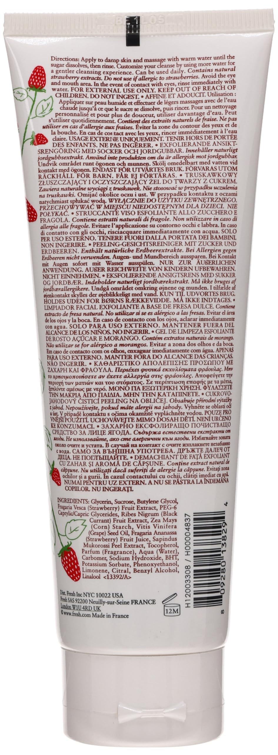Fresh Sugar Strawberry exfoliating face wash in 4.2 oz tube, skin exfoliant with strawberry scent and natural cleansing ingredients.