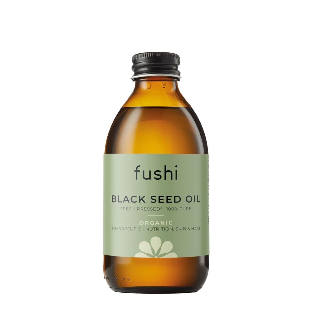Fushi Organic Black Seed Oil 250ml herbal supplement bottle, cold pressed, with black seed oil in a dark glass bottle