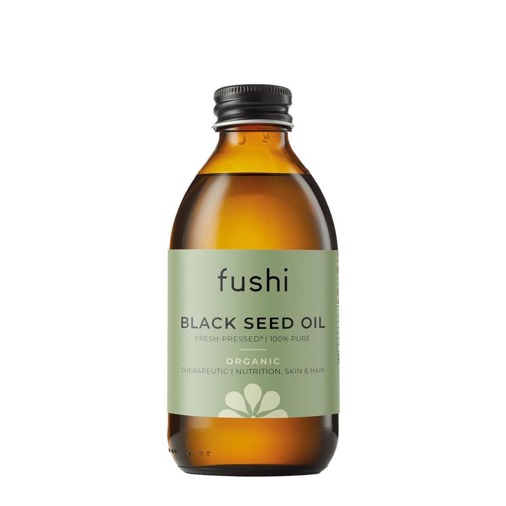 Fushi Organic Black Seed Oil 250ml in a glass bottle, cold-pressed herbal supplement with black seeds and natural oil.