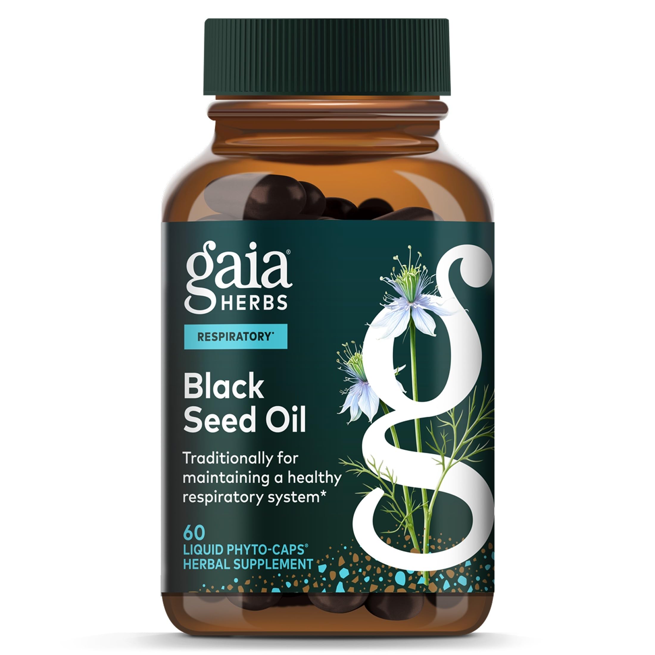 Gaia Herbs Black Seed Oil Capsules herbal supplement bottle with 60 vegan capsules on a white background.