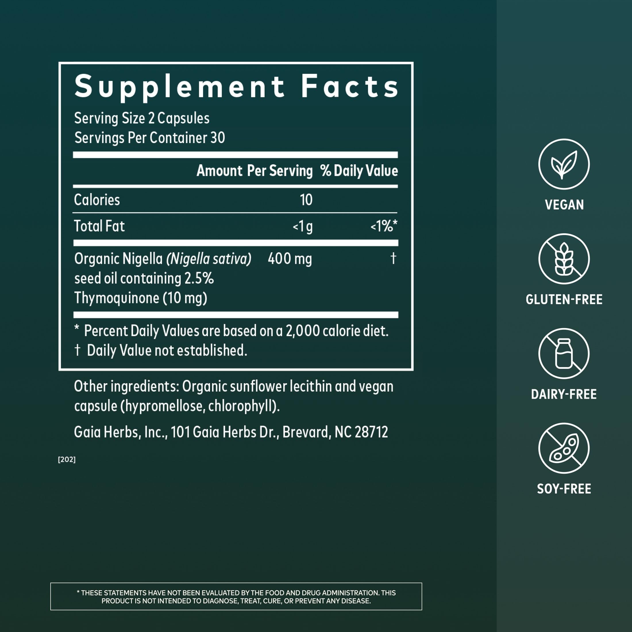 Gaia Herbs Black Seed Oil capsules in a clear bottle with 60 vegan capsules, herbal supplement for wellness.