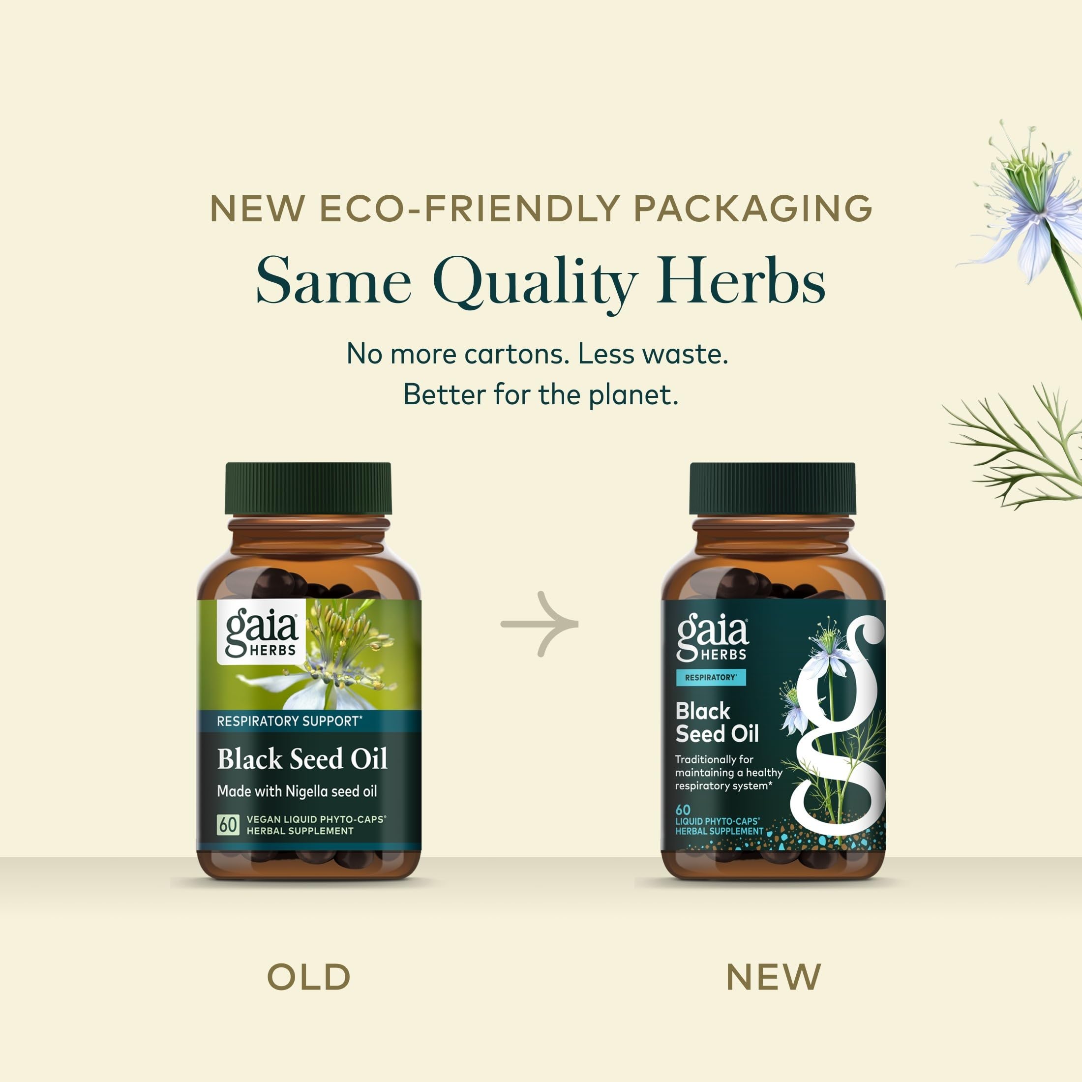 Gaia Herbs Black Seed Oil Capsules herbal supplement bottle with 60 vegan caps, featuring black seed oil capsules in the image.