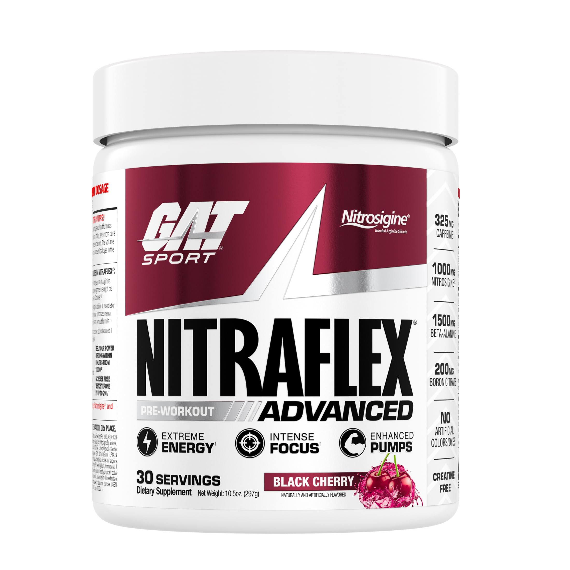 GAT SPORT Nitraflex pre-workout powder in black cherry flavor, dietary supplement for energy and performance enhancement.