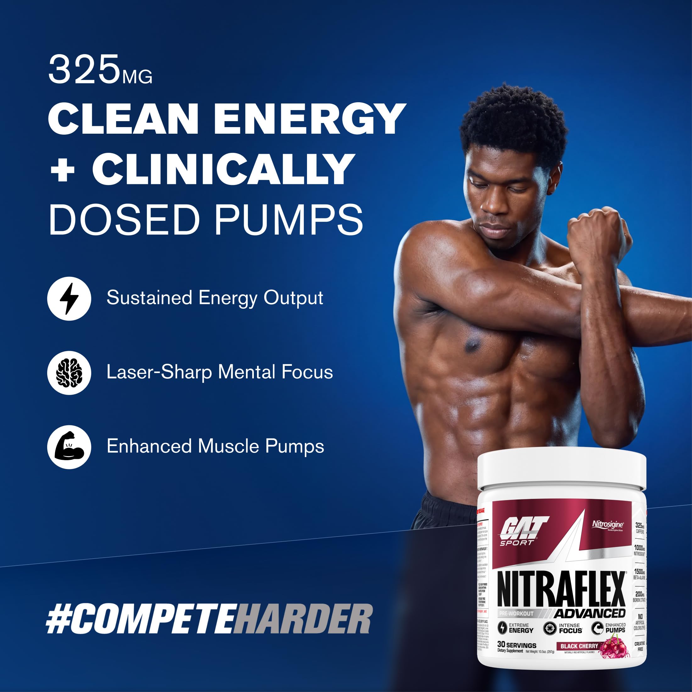 GAT SPORT Nitraflex pre-workout powder in black cherry flavor, nutritional supplement container with label and scoop inside.