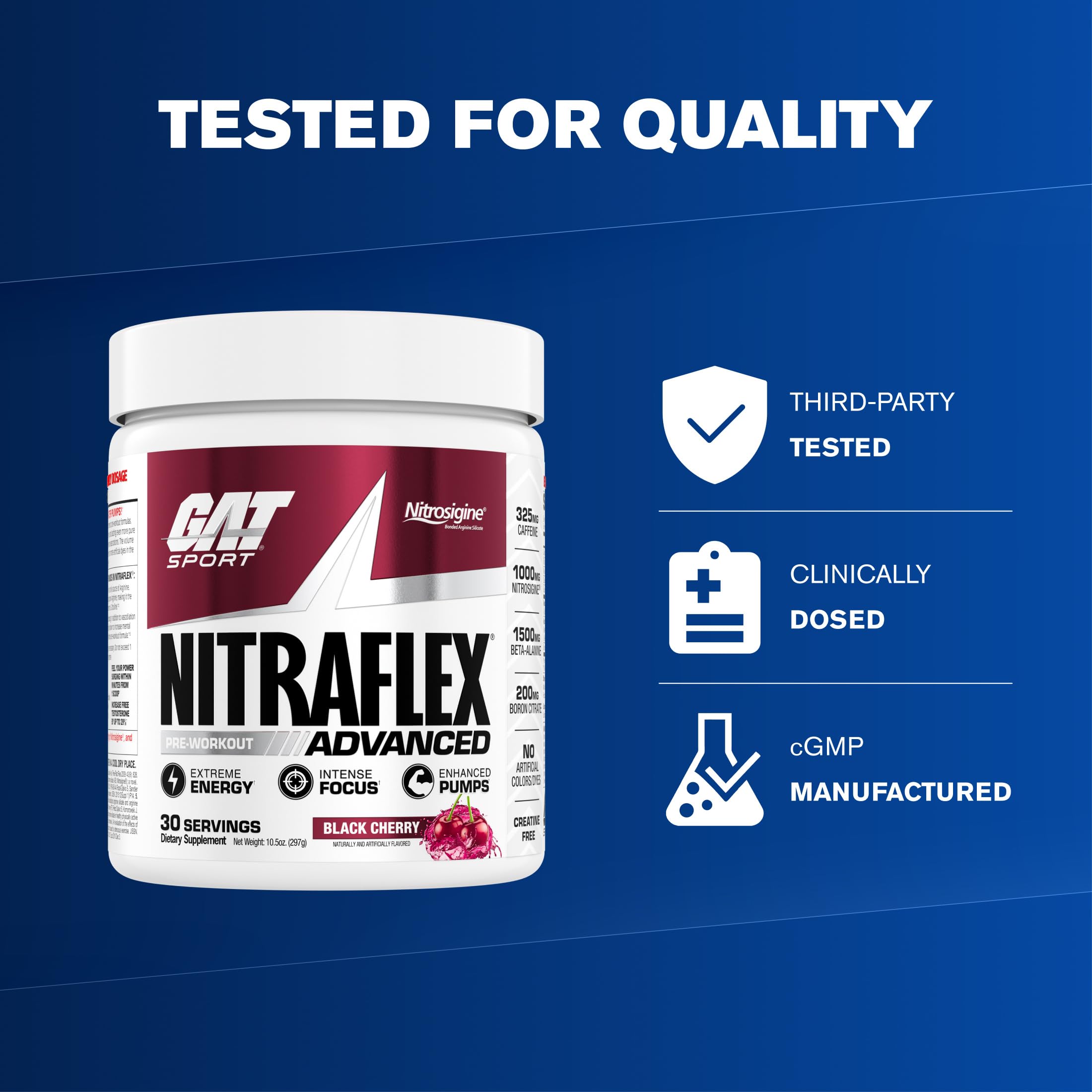 GAT SPORT Nitraflex pre-workout powder in black cherry flavor, nutritional supplement with orange and black packaging.
