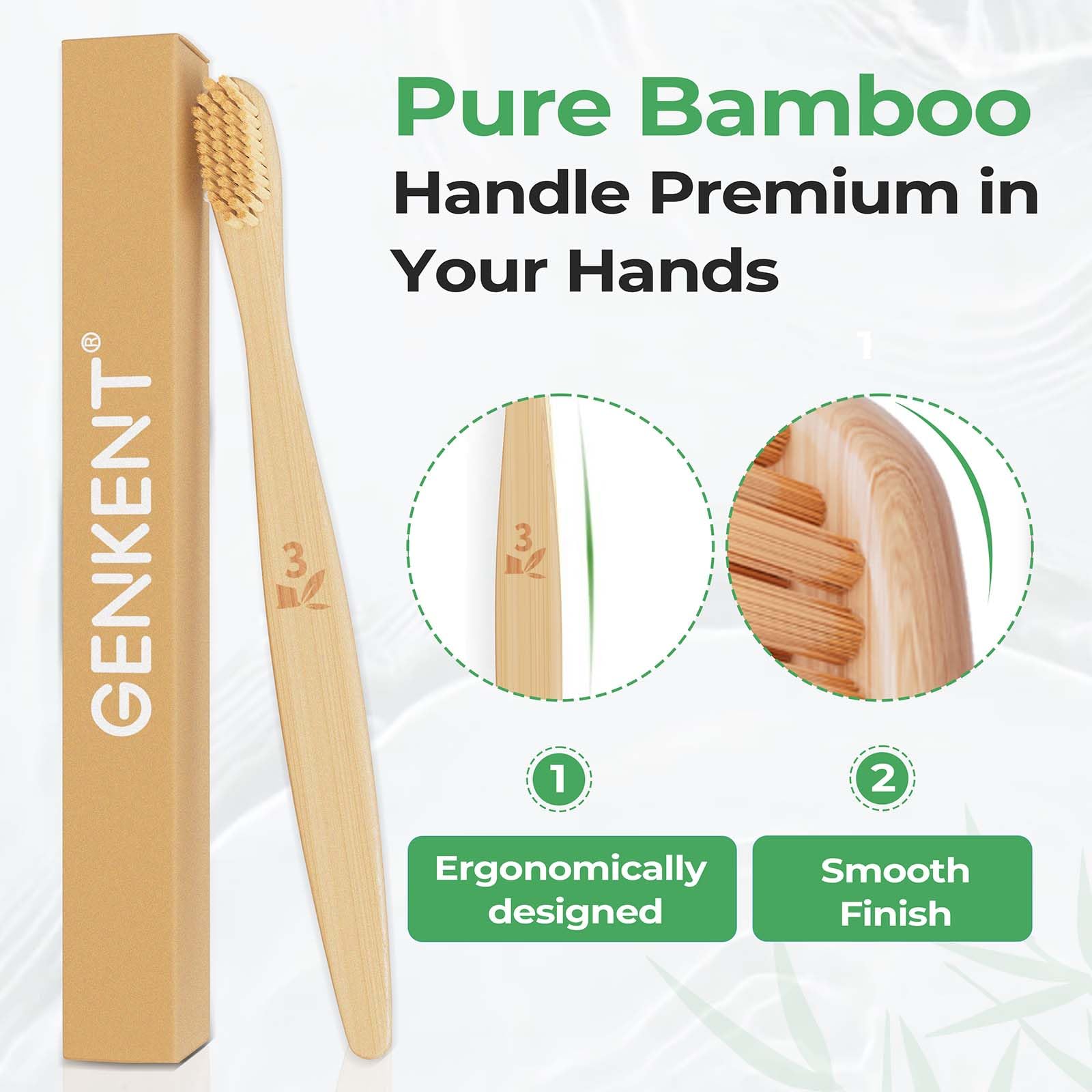 GENKENT bamboo toothbrushes 12-pack, BPA-free eco-friendly bamboo handles, natural bristles, biodegradable dental health tools.