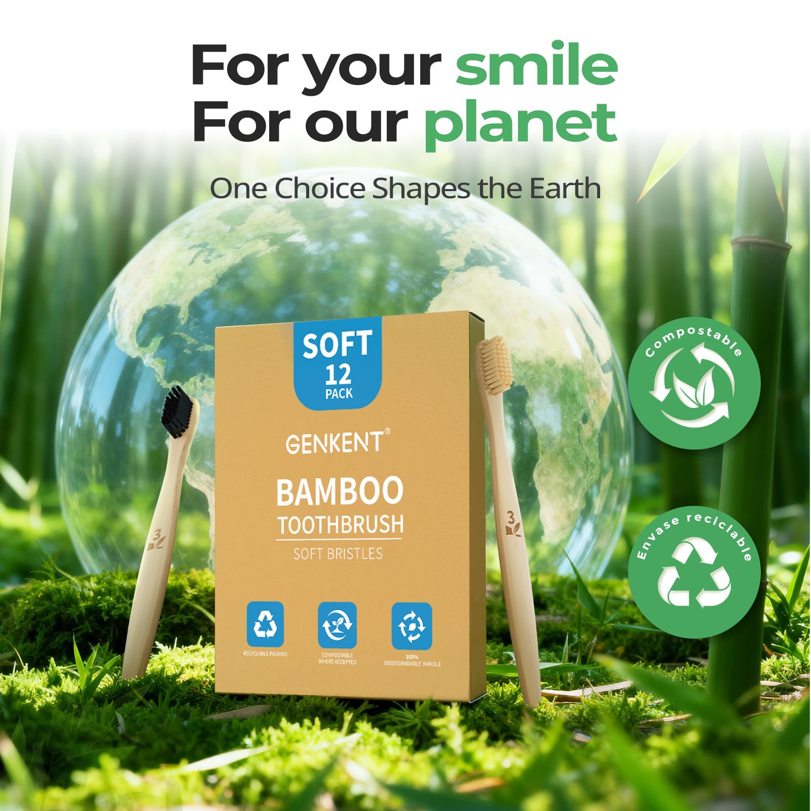 GENKENT bamboo toothbrushes 12-pack, eco-friendly and BPA-free, with natural bamboo handles and soft bristle heads.