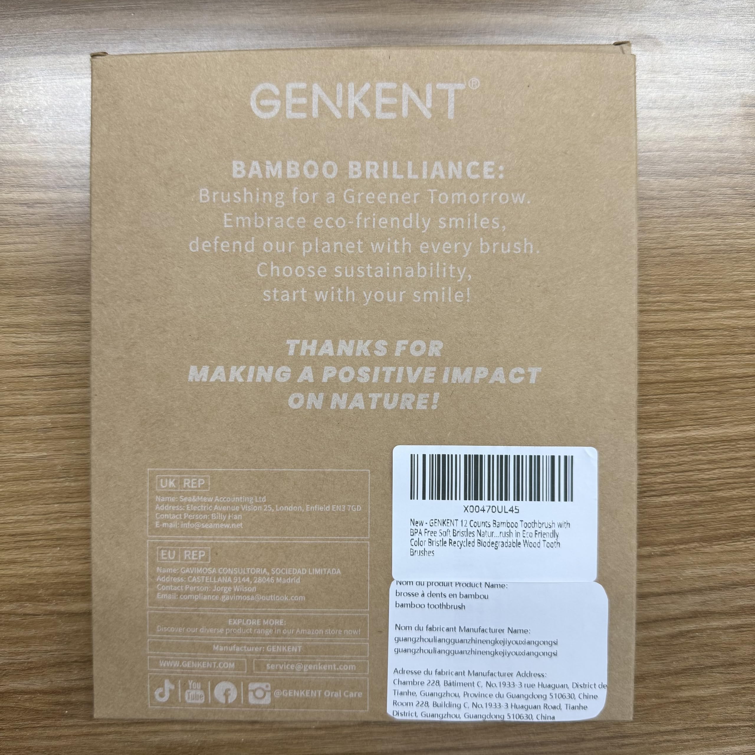 GENKENT bamboo toothbrushes 12-pack, BPA-free eco-friendly bamboo handle and soft bristles, natural dental care product.