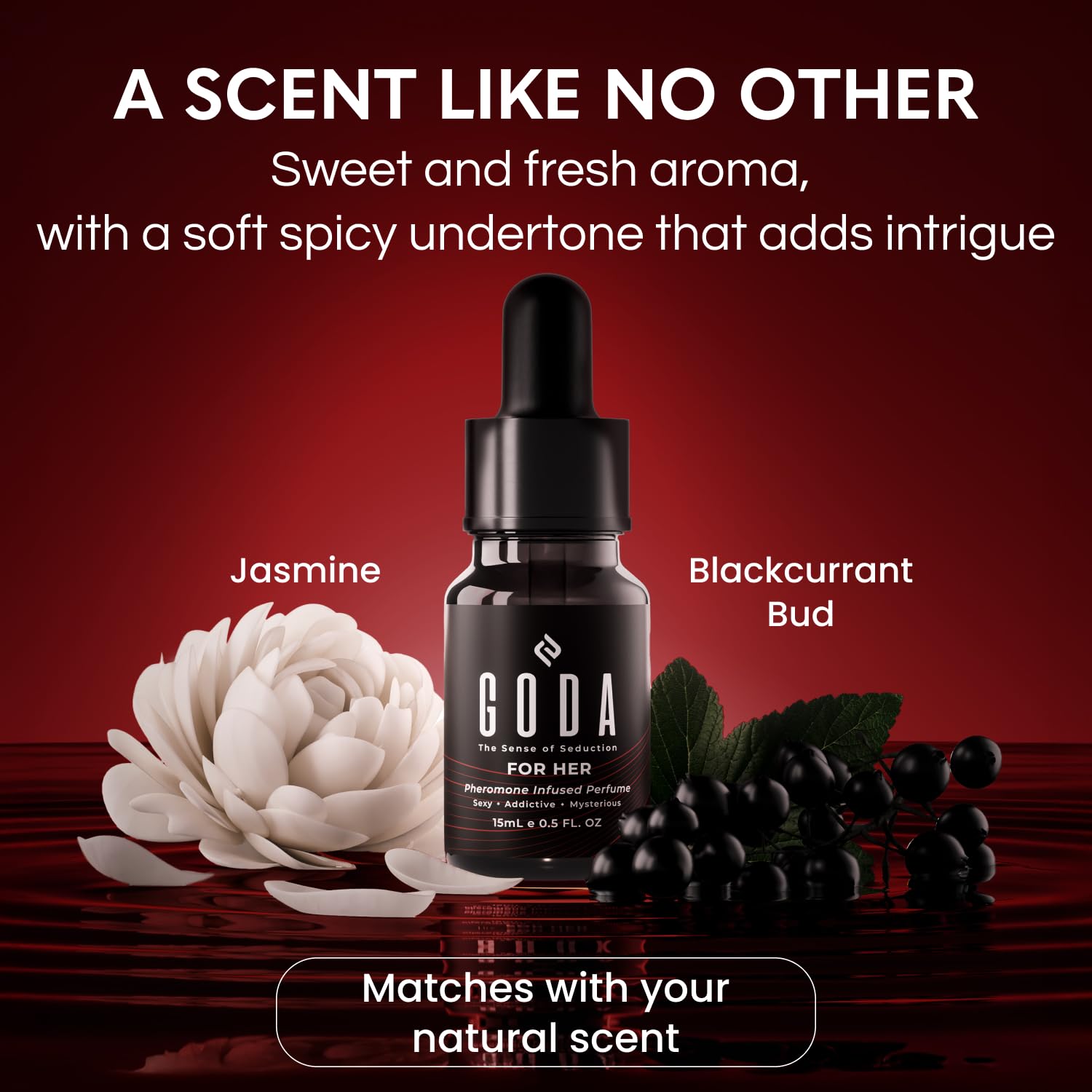 GODA Pheromone Perfume Oil for Women in a 15ml bottle, personal fragrance with a sleek design and floral scent.