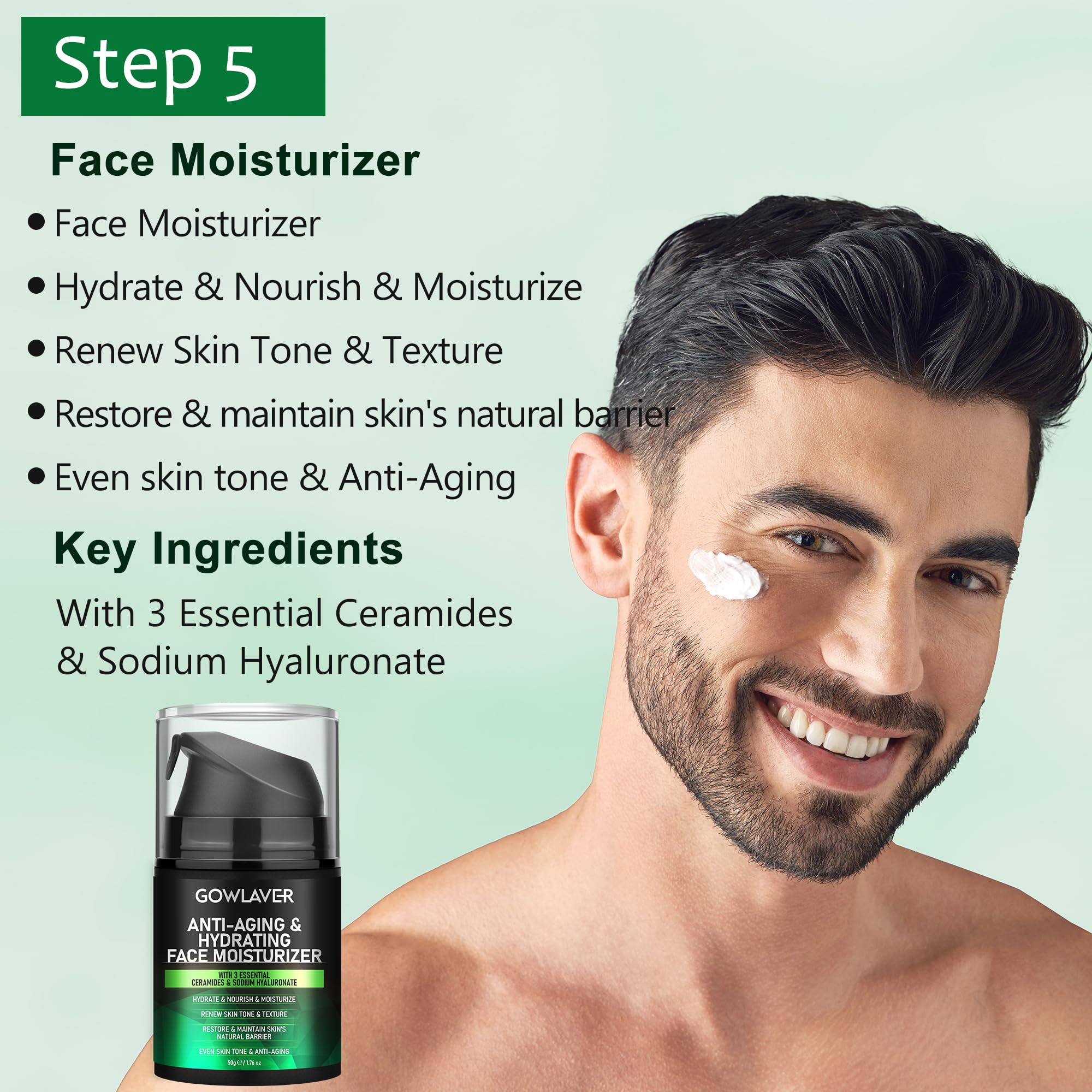 GOWLAVER men's 5-piece skin care set including face cleanser, moisturizer, and toner for a complete face routine.