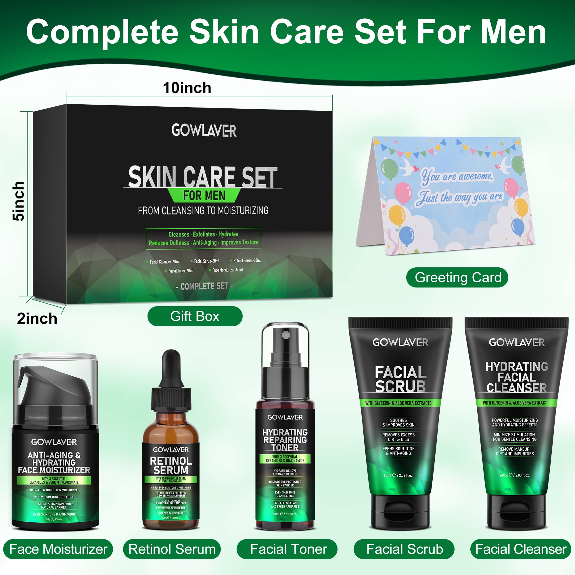 GOWLAVER Men's 5-Piece Skin Care Set with face routine products, including cleanser, moisturizer, and serum in a sleek kit.