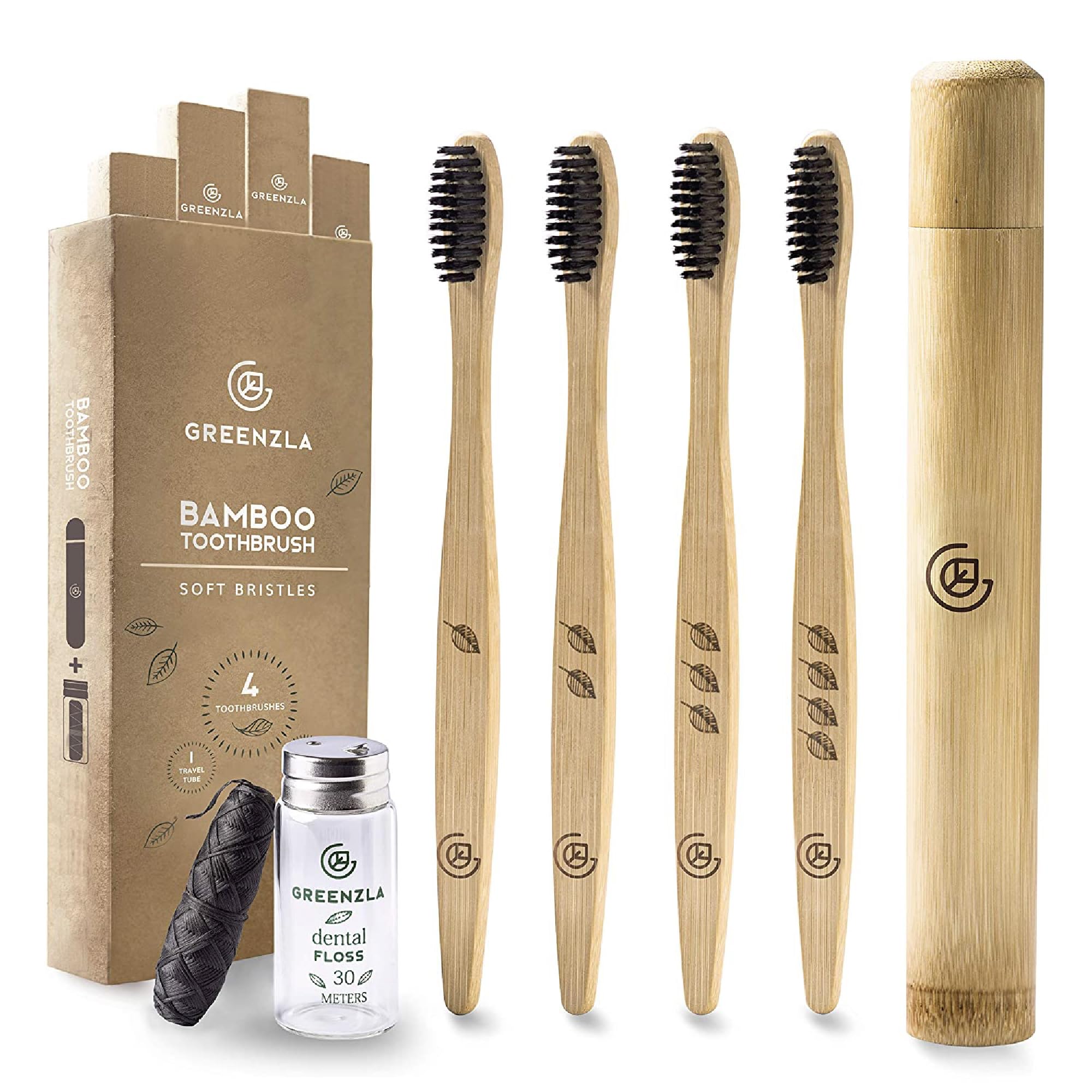 Set of four GREENZLA bamboo toothbrushes with soft bristles, eco-friendly dental care tools for natural oral hygiene.