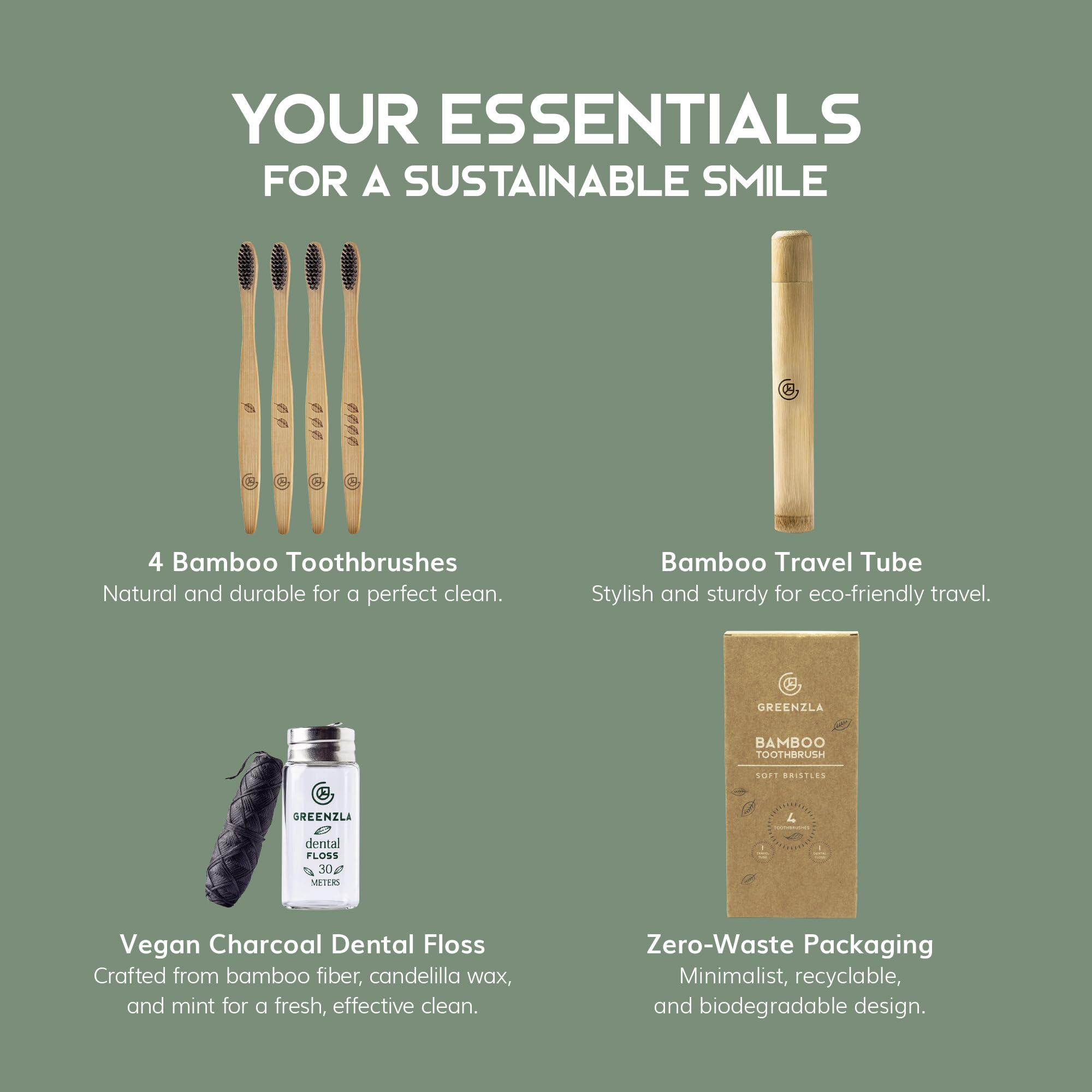 Set of four Greenzla bamboo toothbrushes with soft bristles, natural wooden handles, and eco-friendly design.
