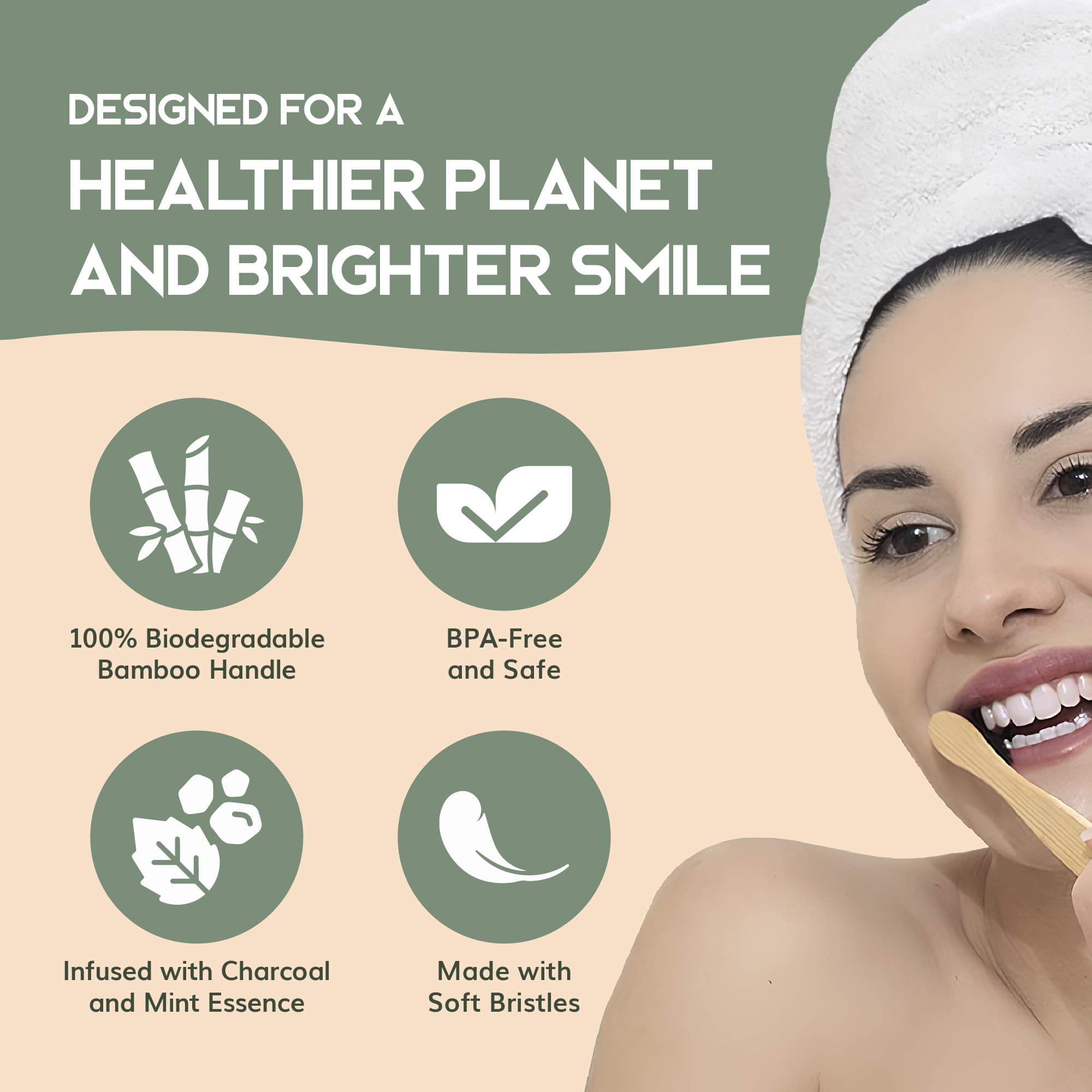 Set of four Greenzla bamboo toothbrushes with soft bristles, eco-friendly and natural bamboo handle, ideal for sustainable oral care