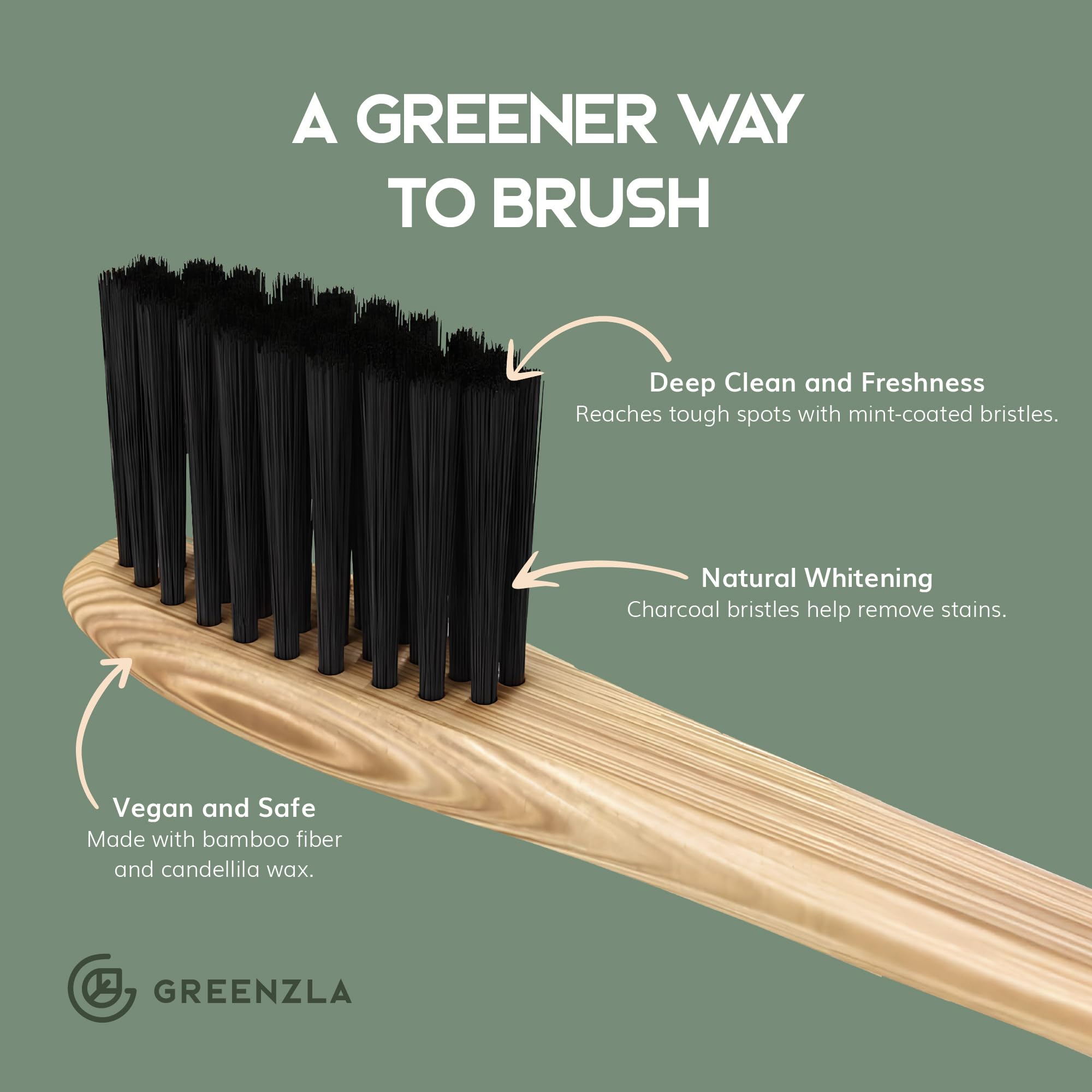 Set of four GreenZla bamboo toothbrushes with soft bristles, eco-friendly toothbrushes for gentle oral care.