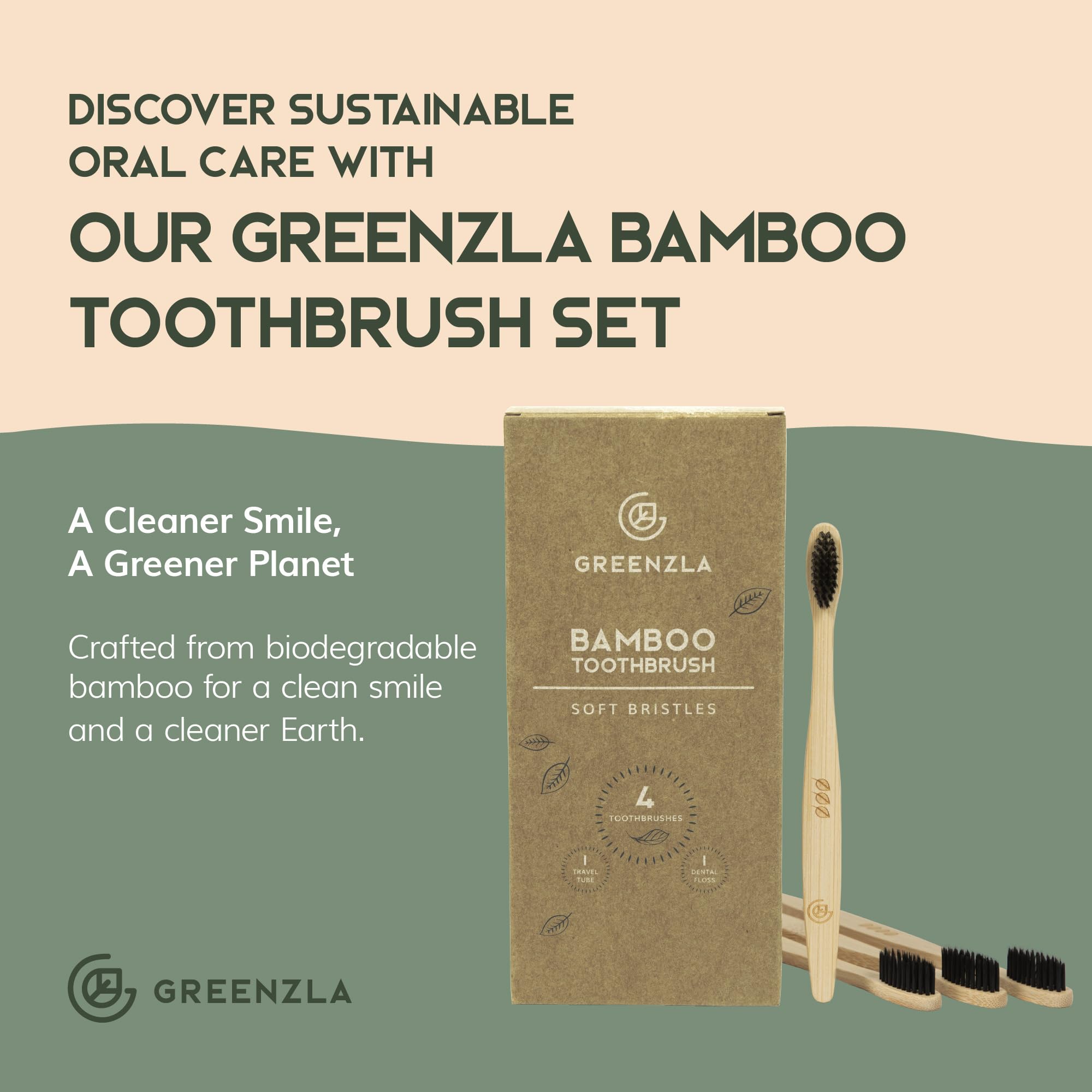 Set of four GreenZla bamboo toothbrushes with soft bristles, eco-friendly design, natural wood handles, and colorful accents.