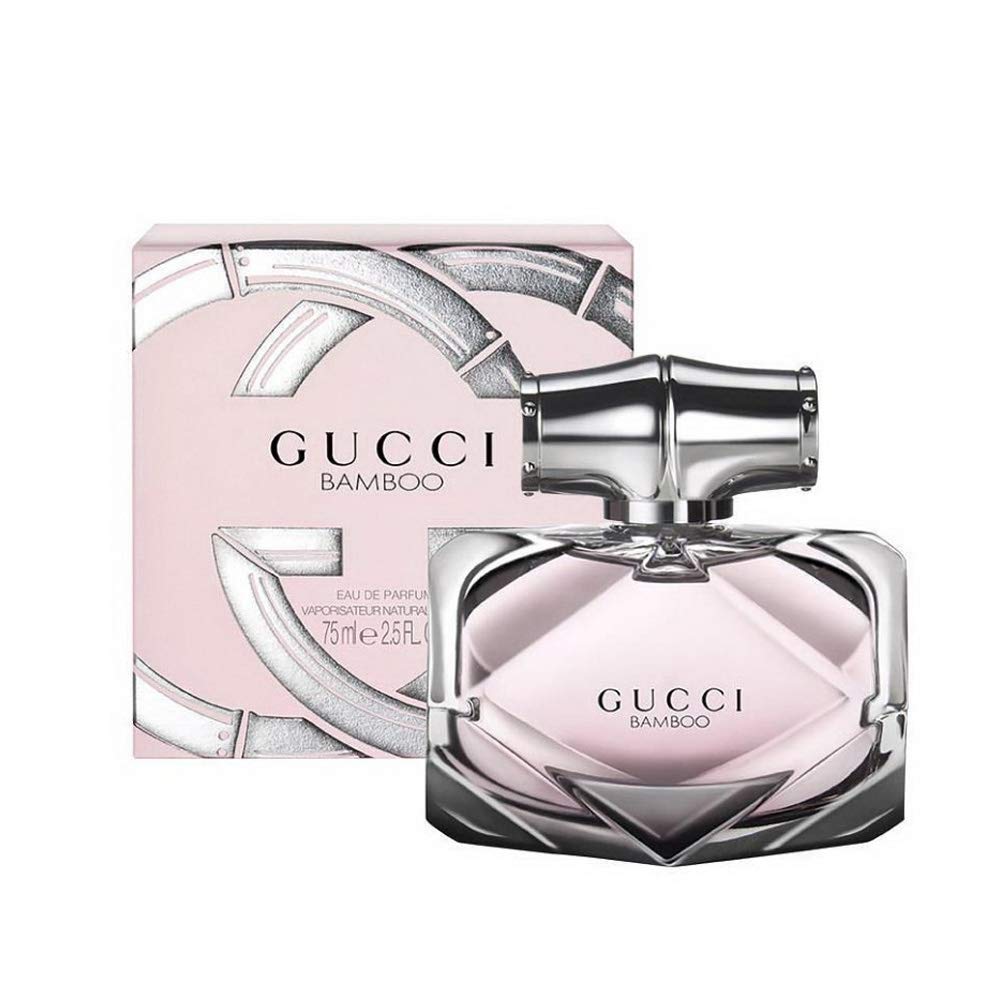 Gucci Bamboo women's eau de parfum spray bottle, 2.5 oz, featuring elegant packaging and floral scent profile.