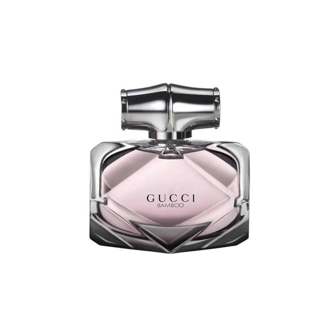 Gucci Bamboo women’s 2.5 oz Eau de Parfum spray bottle with elegant packaging and gold accents.