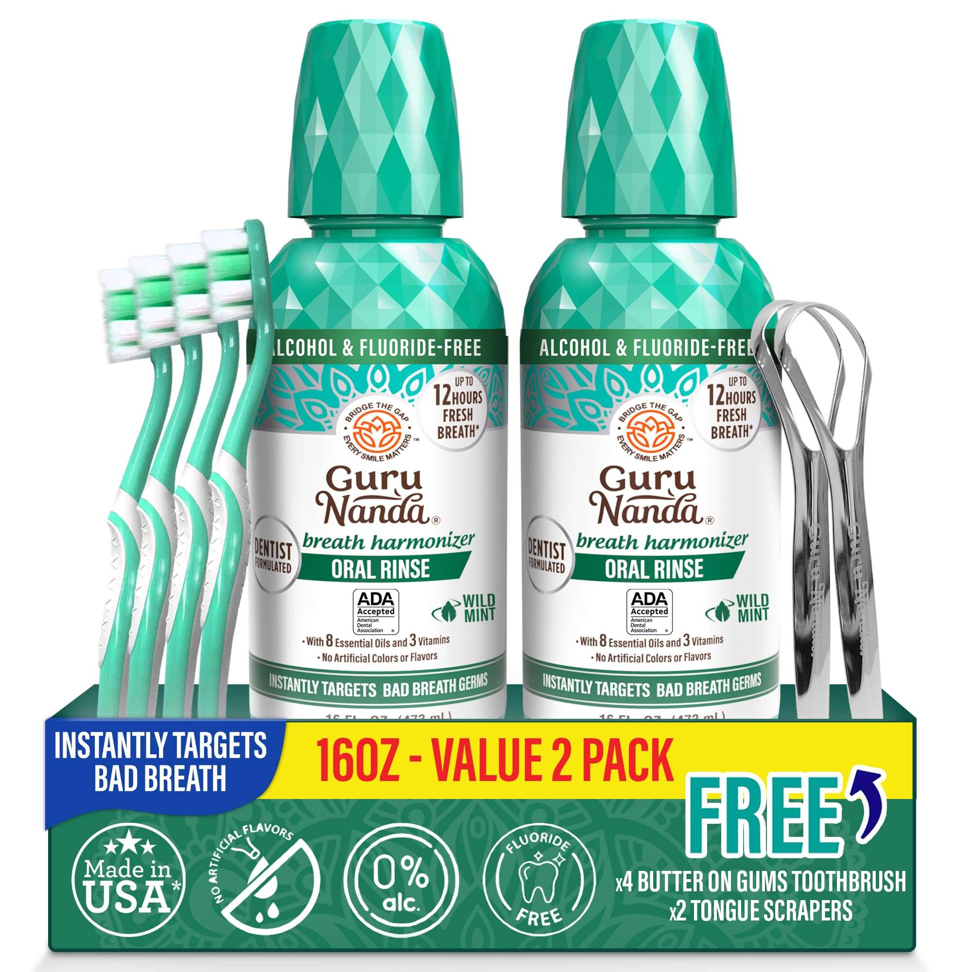 GuruNanda Fresh Breath Mouthwash with Wild Mint in two 16oz bottles, promoting fresh breath and oral freshness.