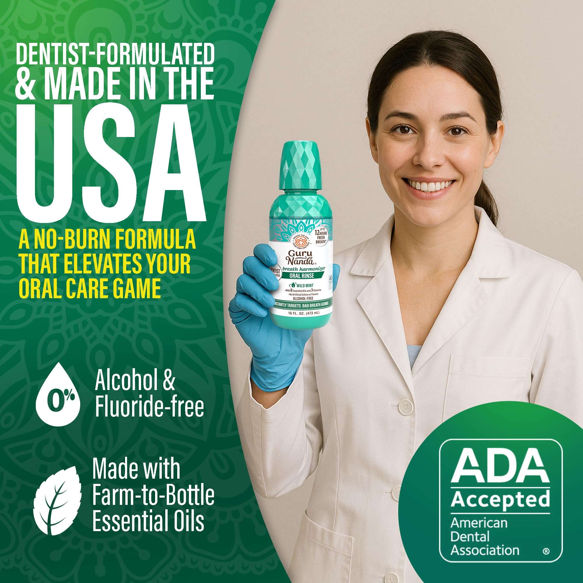 GuruNanda Fresh Breath Mouthwash with Wild Mint in a 2x16oz bottle, promoting fresh breath and oral hygiene.
