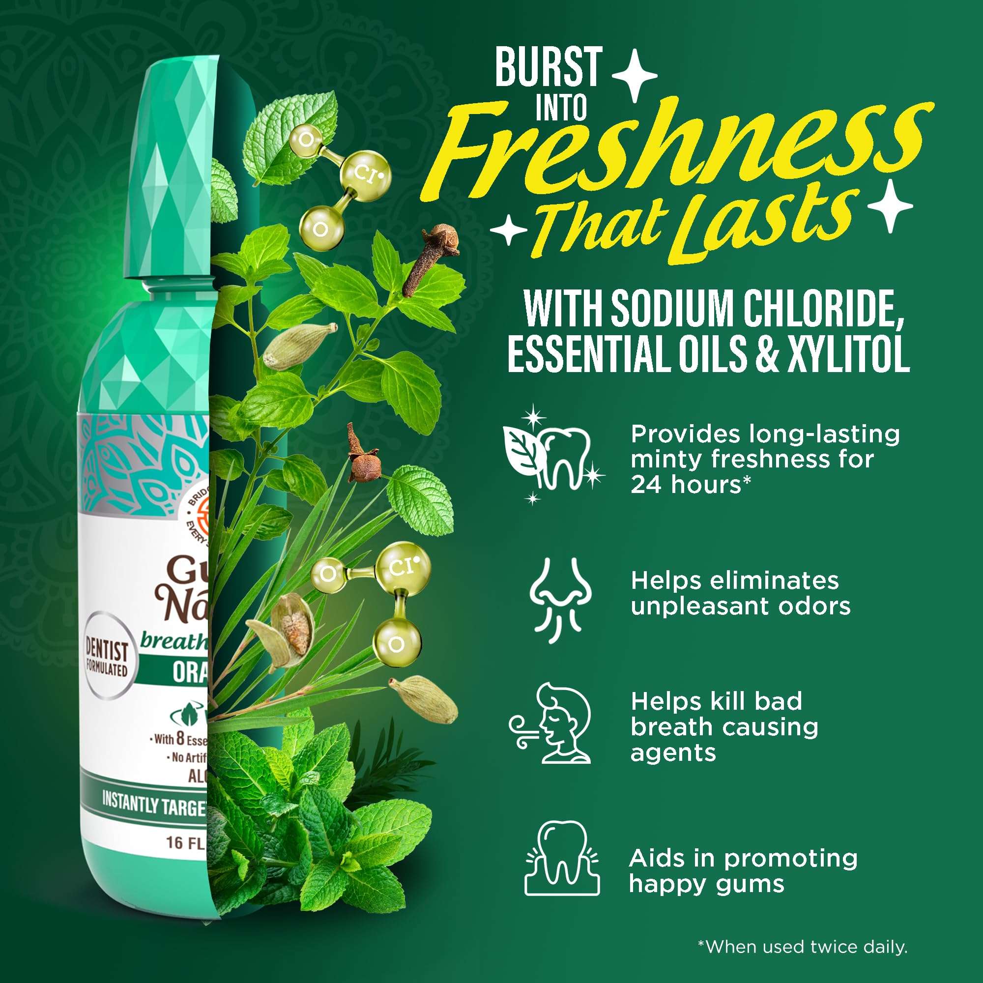GuruNanda Fresh Breath Mouthwash with Wild Mint in 2x16oz bottles, promoting fresh breath and oral freshness.