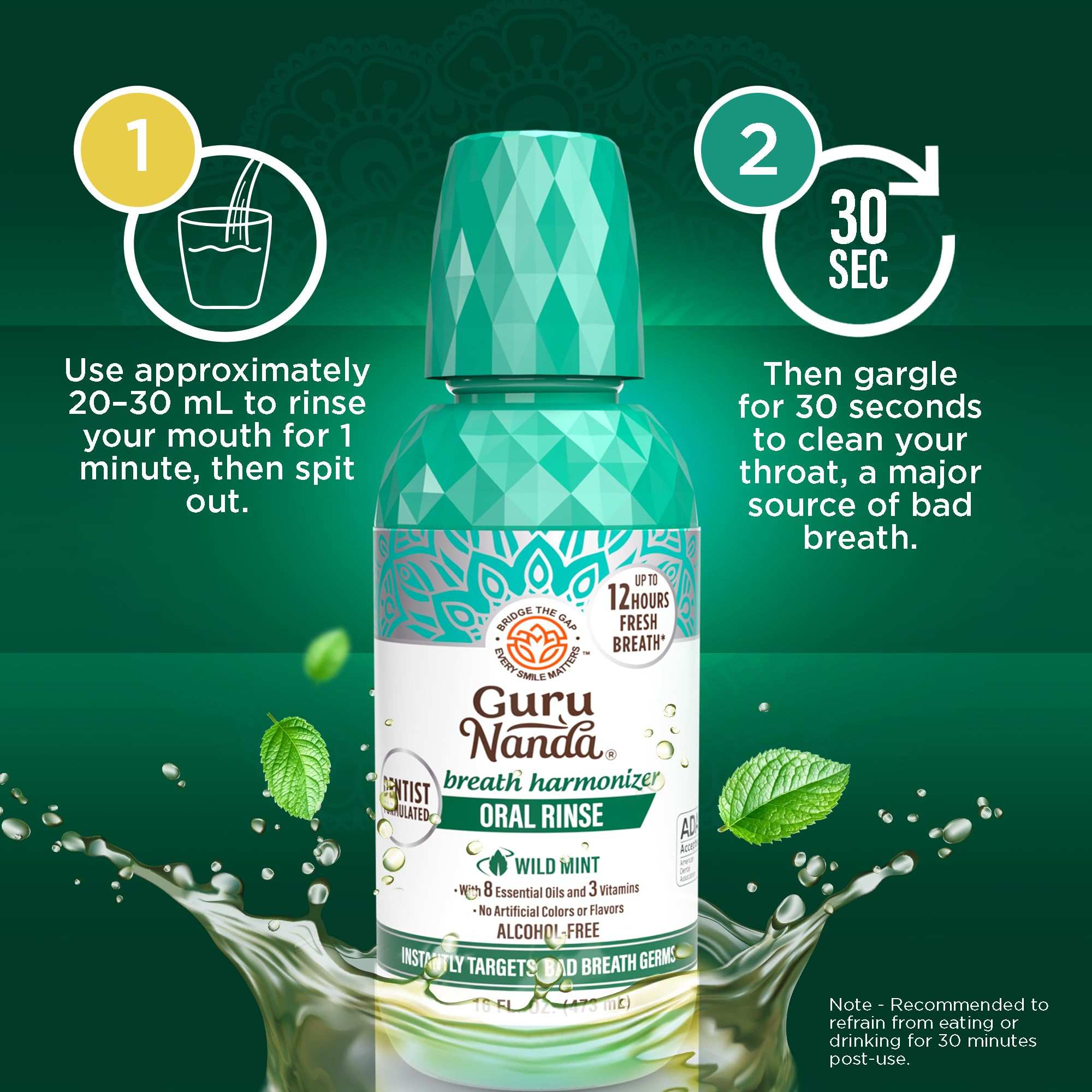 GuruNanda Fresh Breath Mouthwash with Wild Mint in 16oz bottles, promoting fresh breath and oral hygiene.