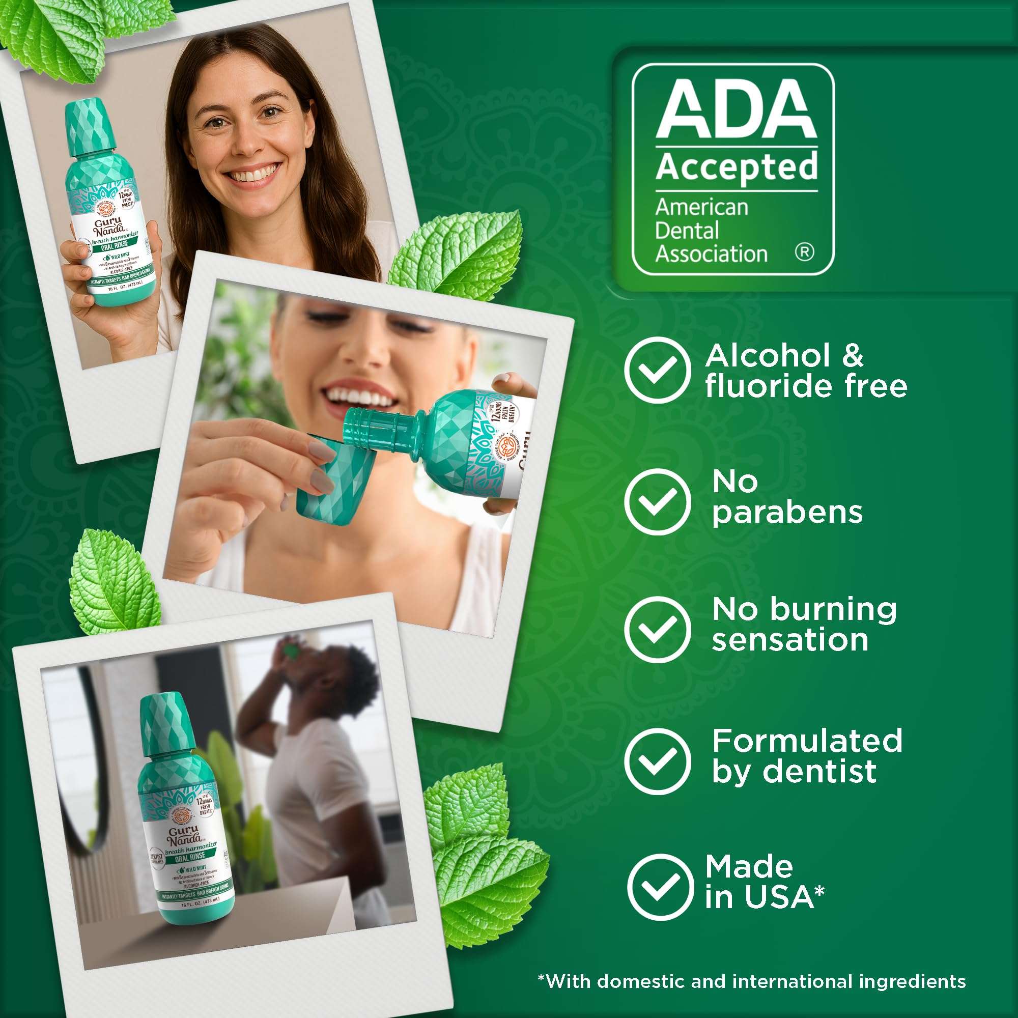 GuruNanda Fresh Breath Mouthwash Wild Mint in 16oz bottles, featuring natural ingredients for fresh breath and oral freshness.