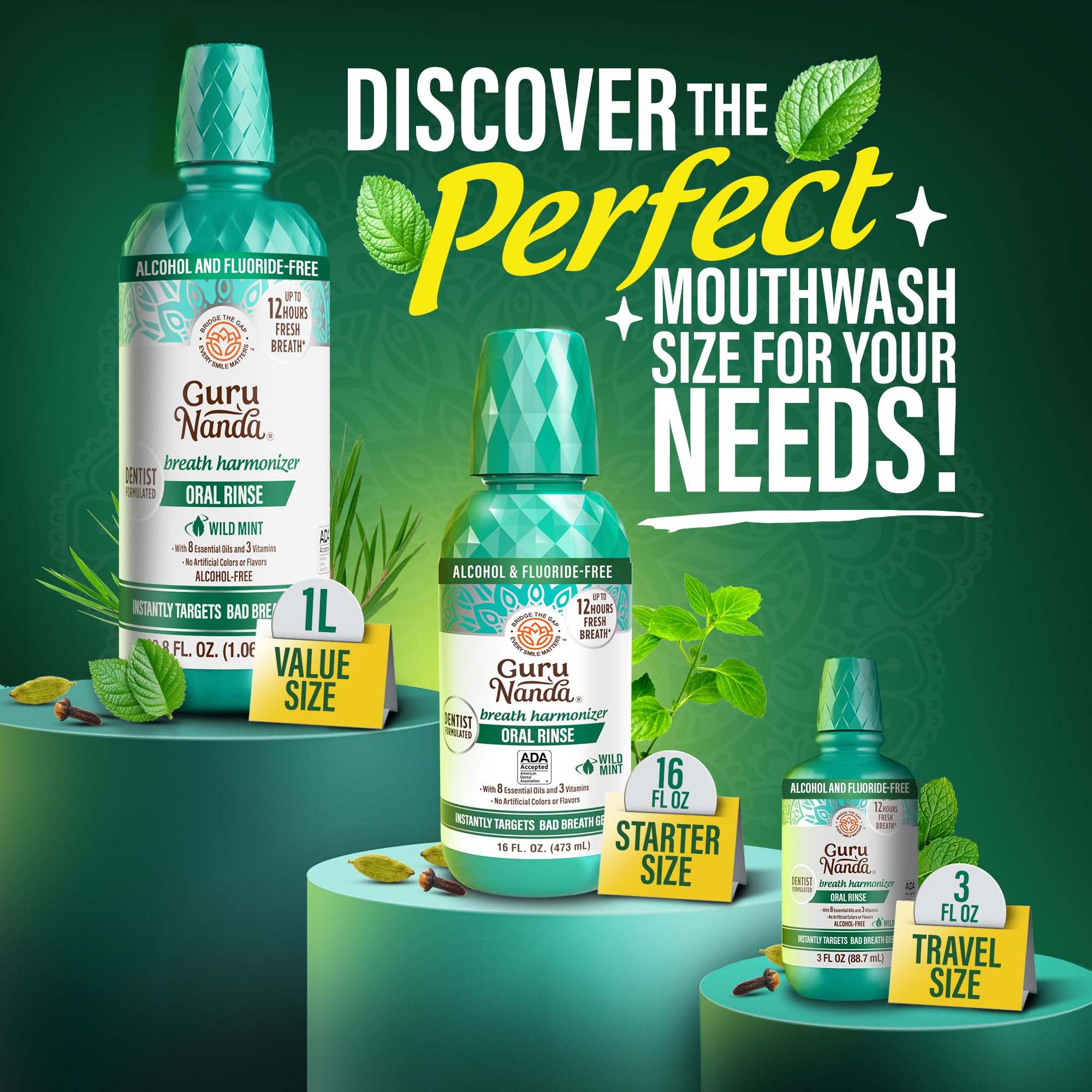 GuruNanda Fresh Breath Mouthwash with Wild Mint in two 16oz bottles, natural oral rinse for fresh breath and oral health.