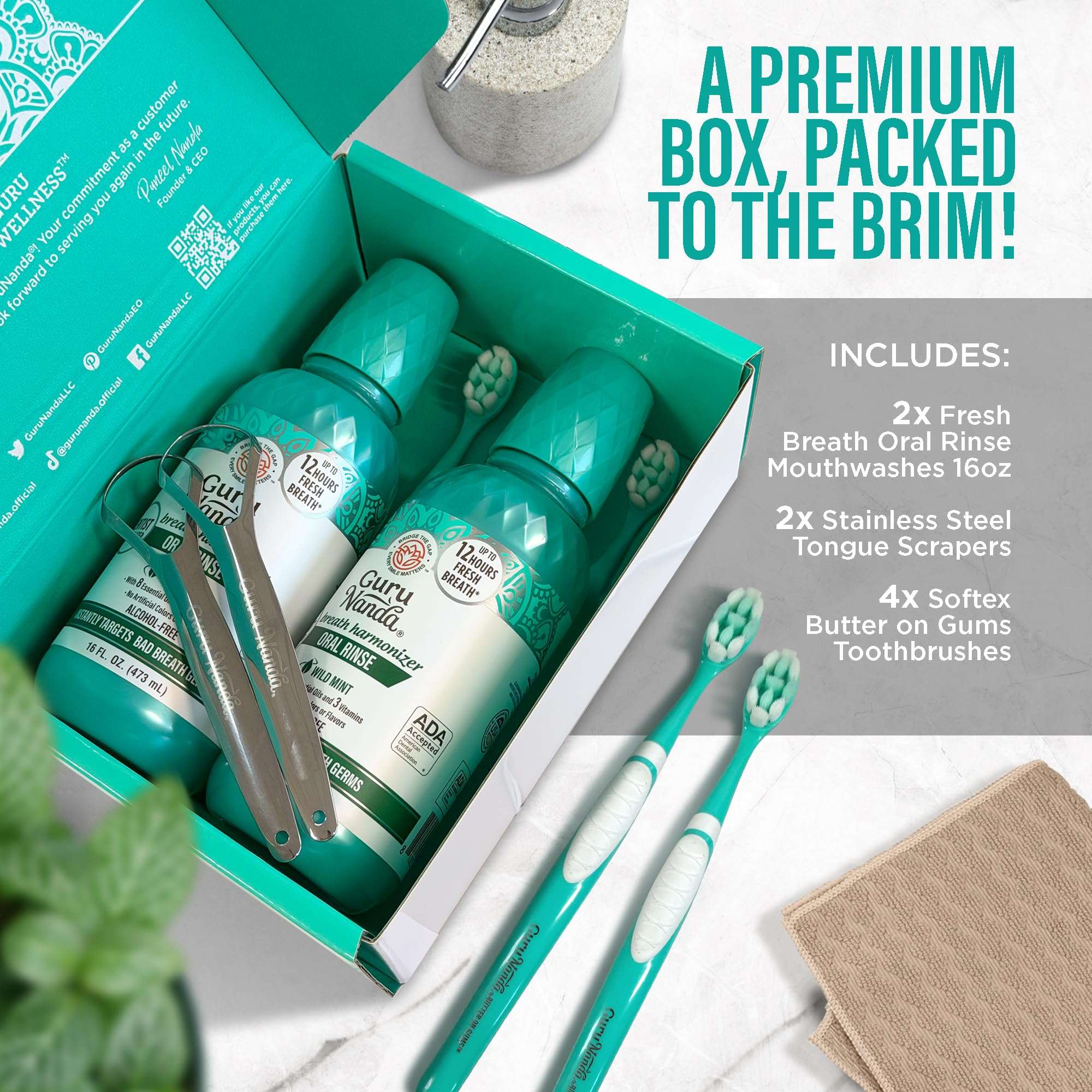 GuruNanda Fresh Breath Mouthwash in Wild Mint flavor, 2x16oz bottles, showcasing the mouthwash bottle with label and mint leaves.