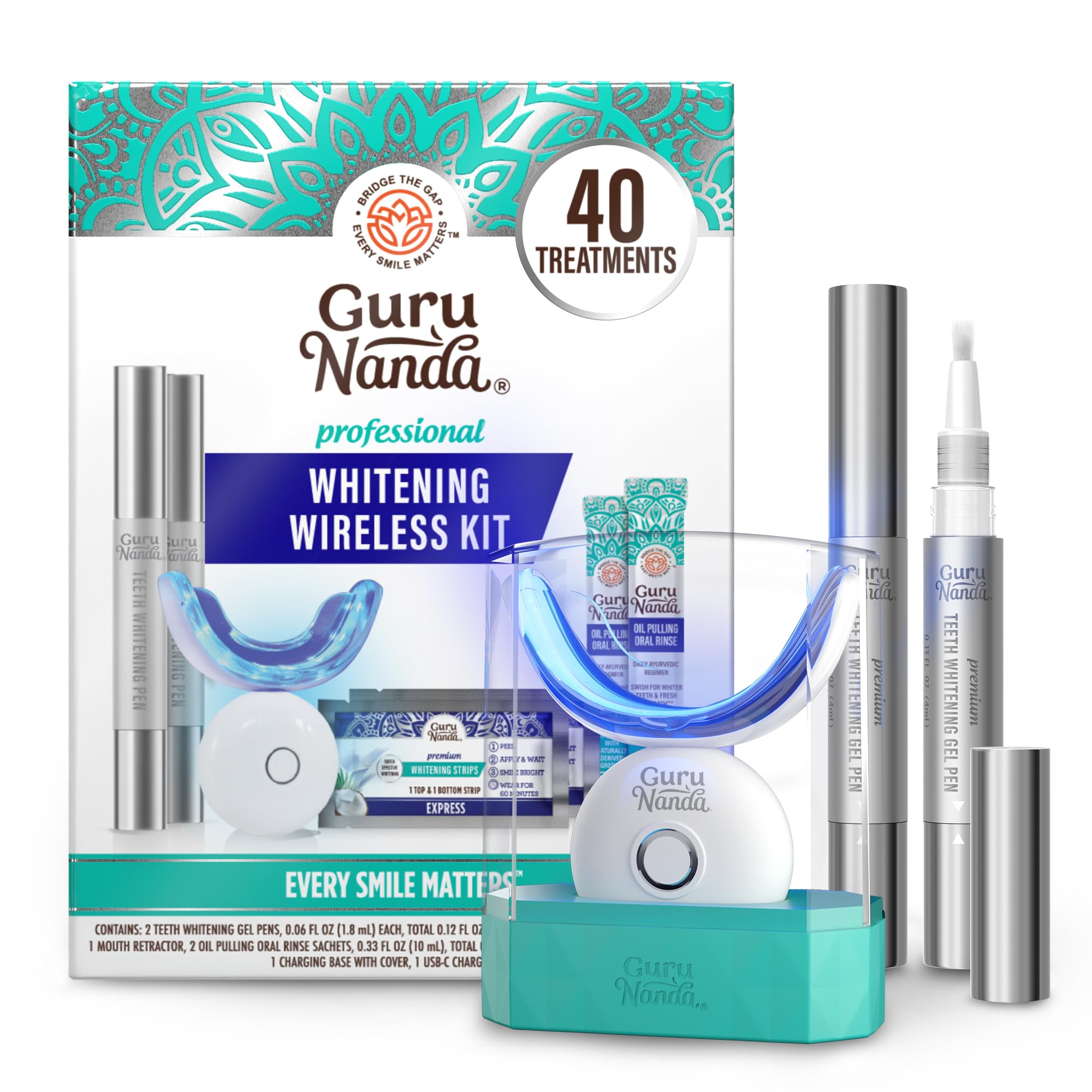GuruNanda teeth whitening kit with LED light for 40 uses, featuring whitening gel and applicator for a brighter smile.