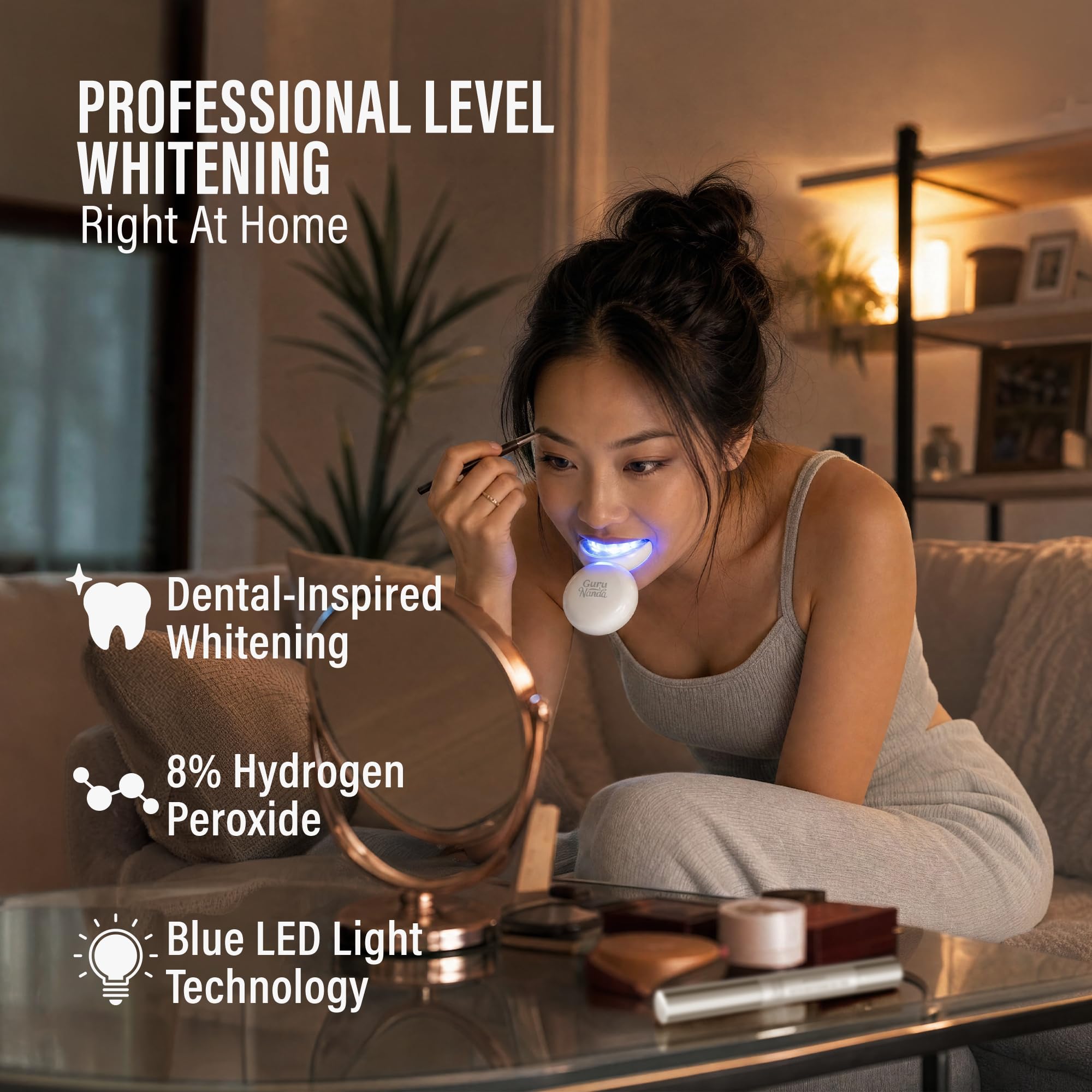 GuruNanda teeth whitening kit with LED light for up to 40 uses, featuring whitening gel and easy-to-use application.