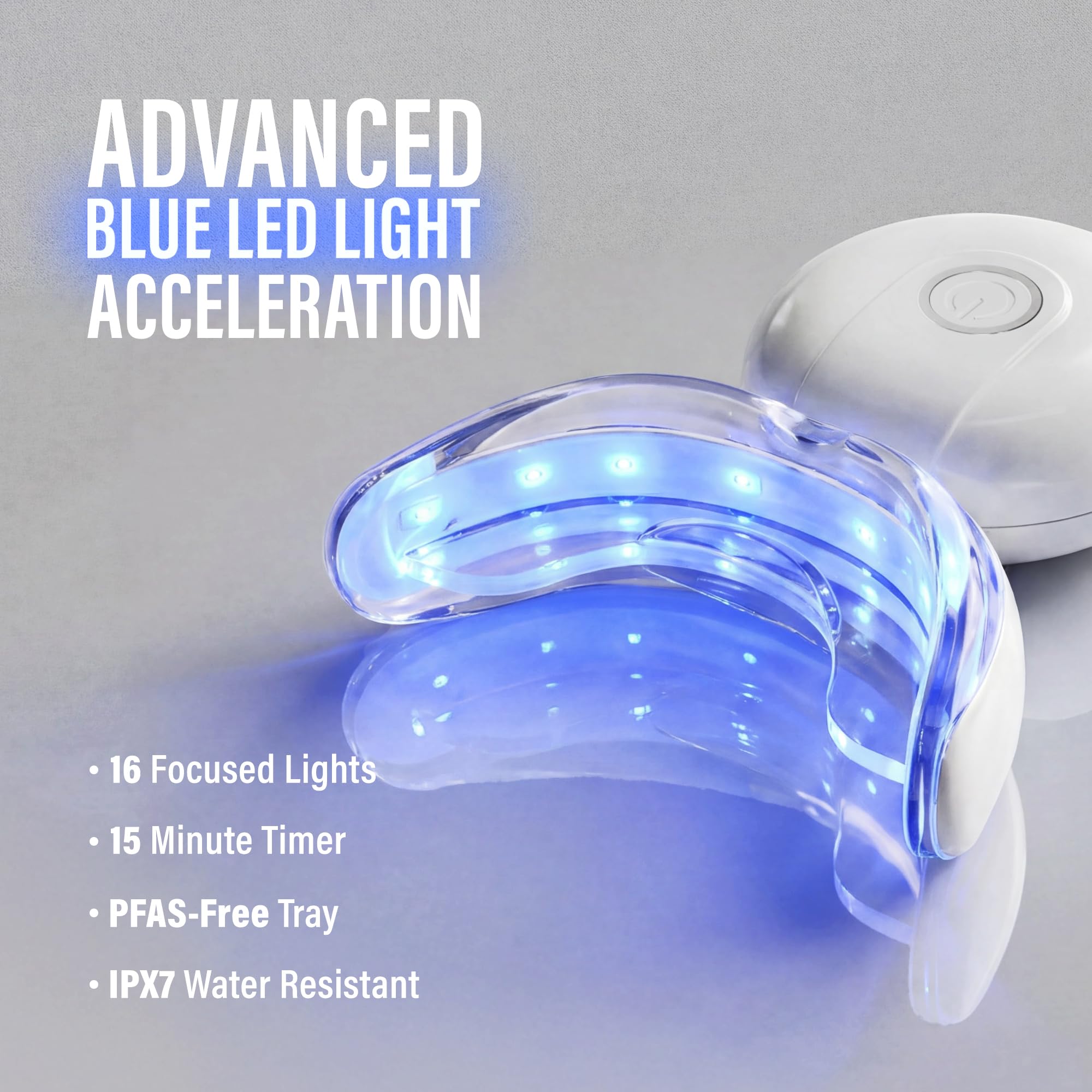 GuruNanda teeth whitening kit with LED light for up to 40 uses, featuring whitening gel and instructions for brightening teeth.