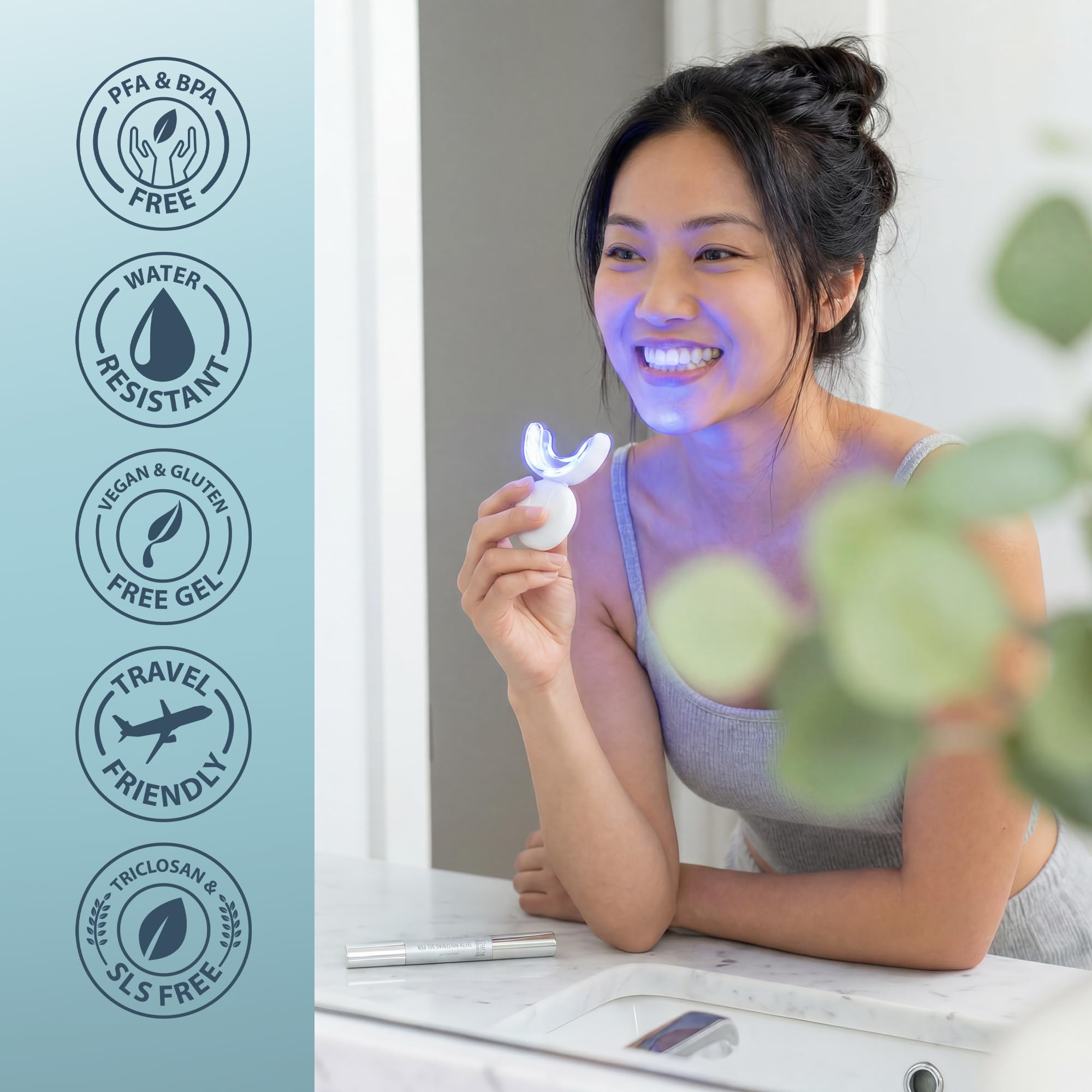 GuruNanda teeth whitening kit with LED light for up to 40 uses, showing whitening gel syringe and LED device in the image.