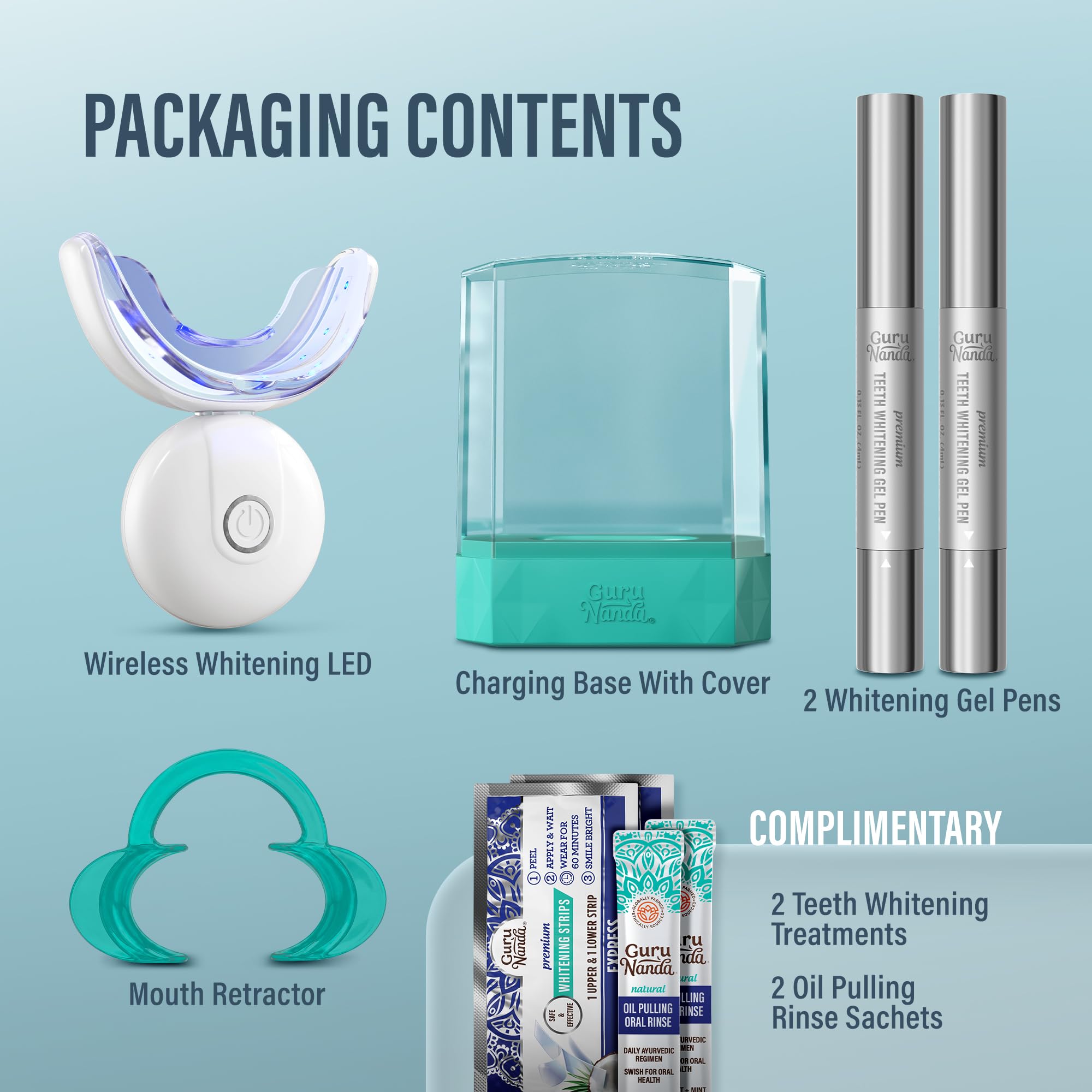 GuruNanda teeth whitening kit with LED light and 40 uses, featuring dental whitening gel and applicator for brighter smile.