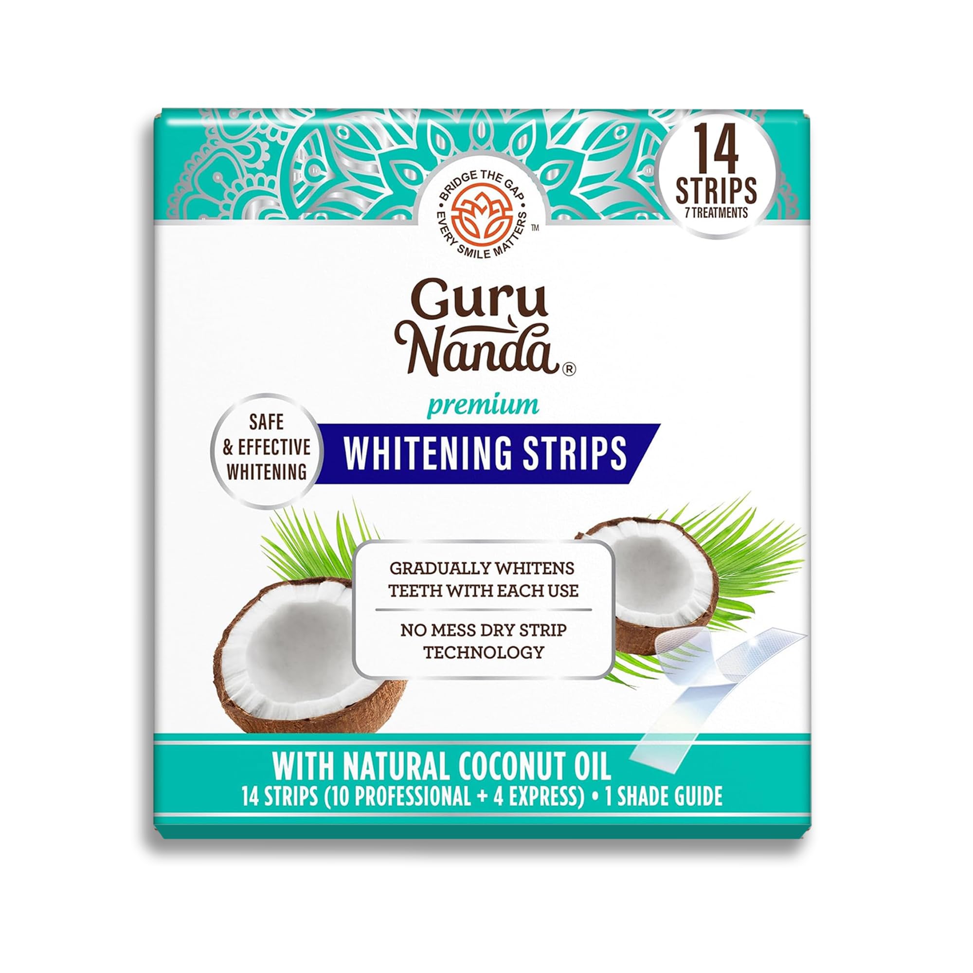 GuruNanda Teeth Whitening Strips Kit for 7-day treatment, showing the whitening strips and instructions on a white background.