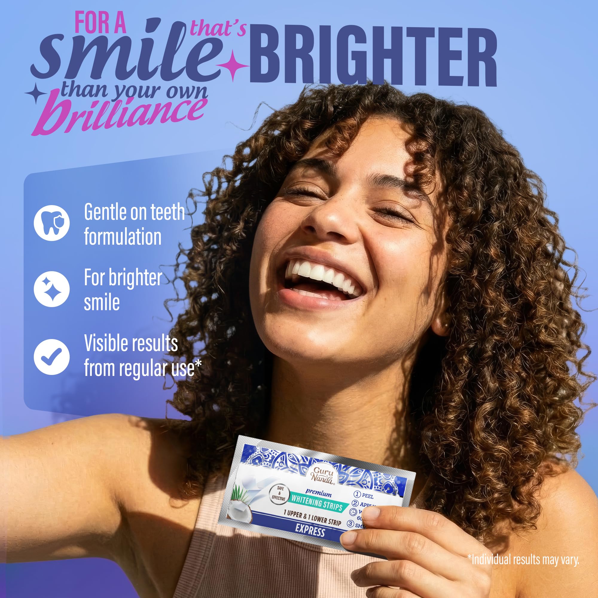 GuruNanda Teeth Whitening Strips Kit for 7-day treatment, showing the whitening strips and packaging in a clean, bright setting.