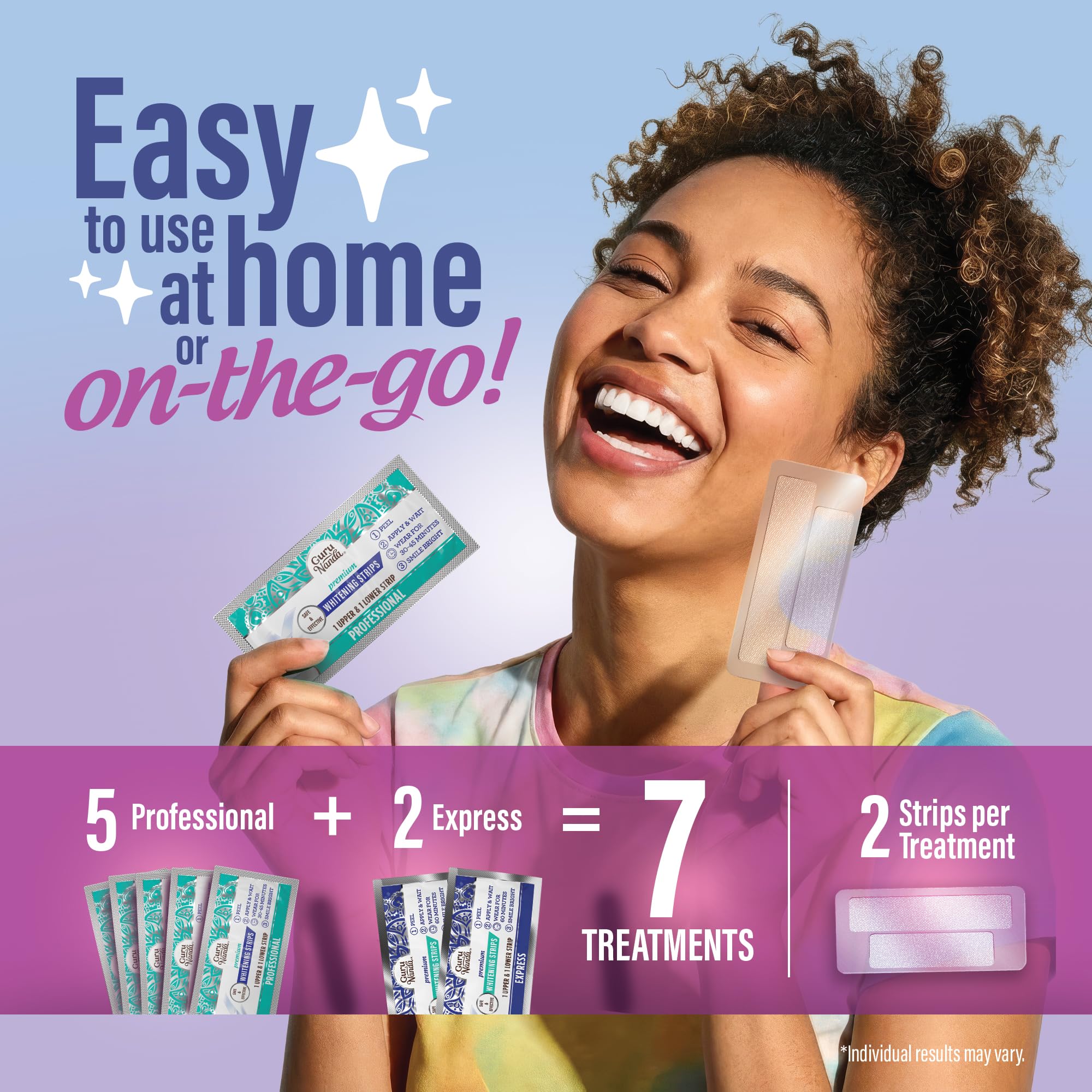 GuruNanda teeth whitening strips kit for 7-day treatment, showing the whitening strips and packaging with branding details.