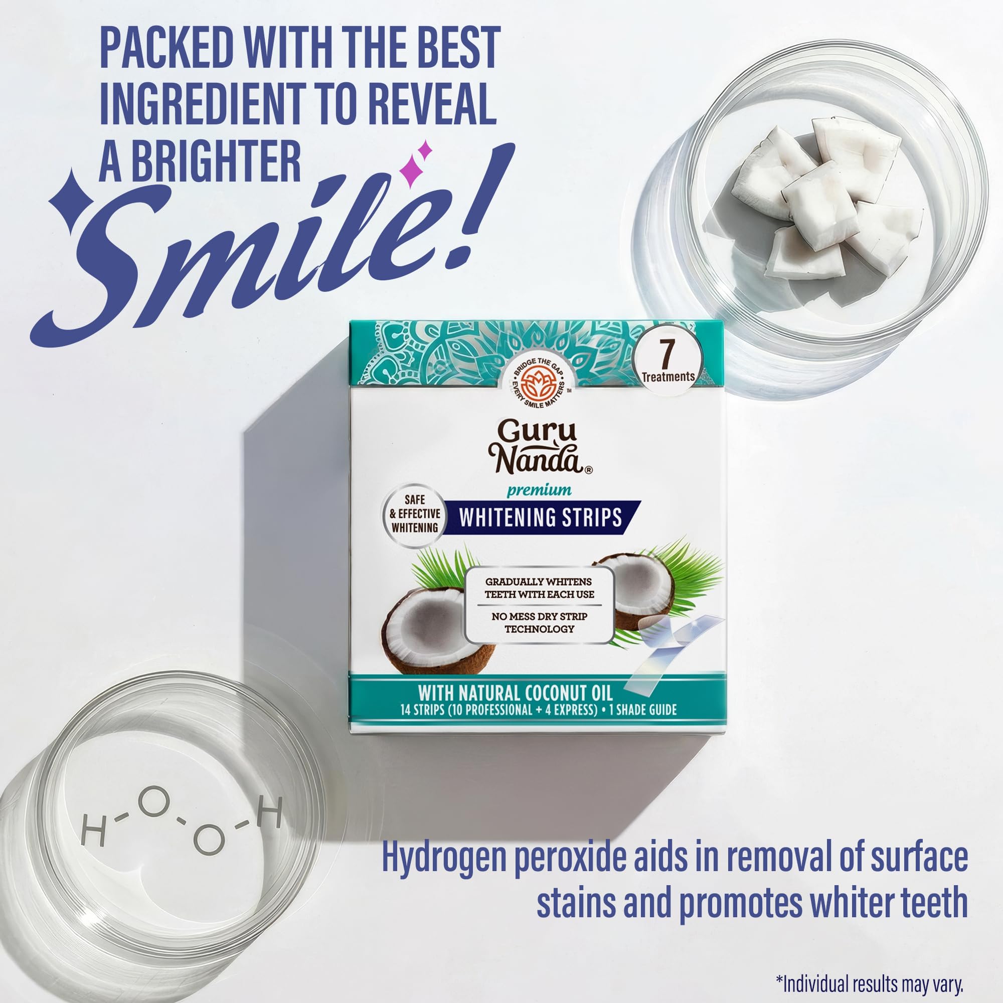 GuruNanda teeth whitening strips kit for 7-day treatment, showing the whitening strips and packaging on a clean surface.